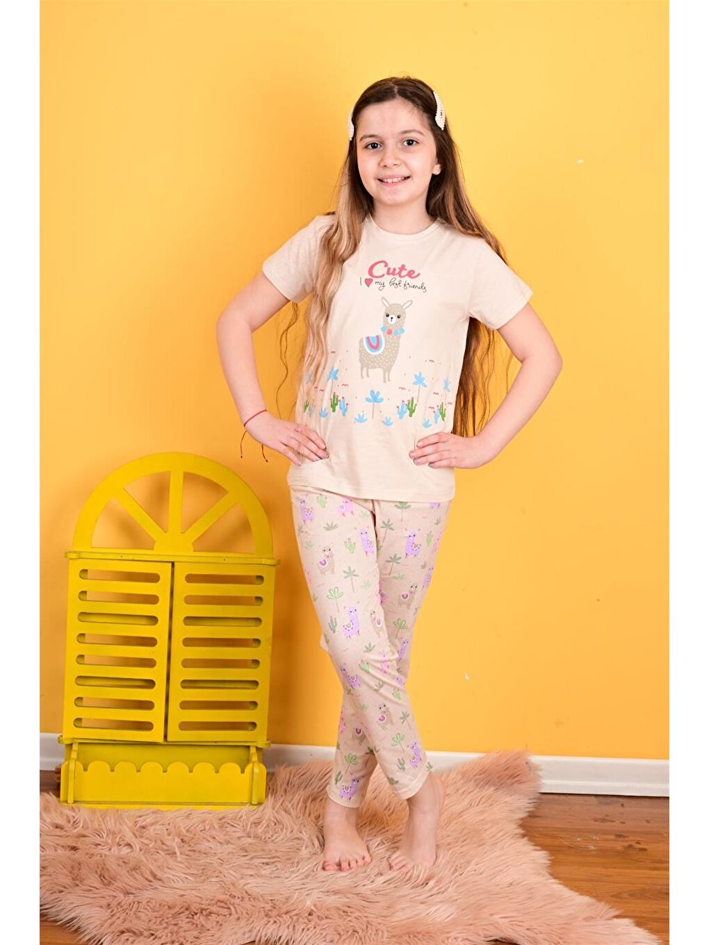 Kız Çocuk Kısa Kollu Pijama Takımı Lama Pembe