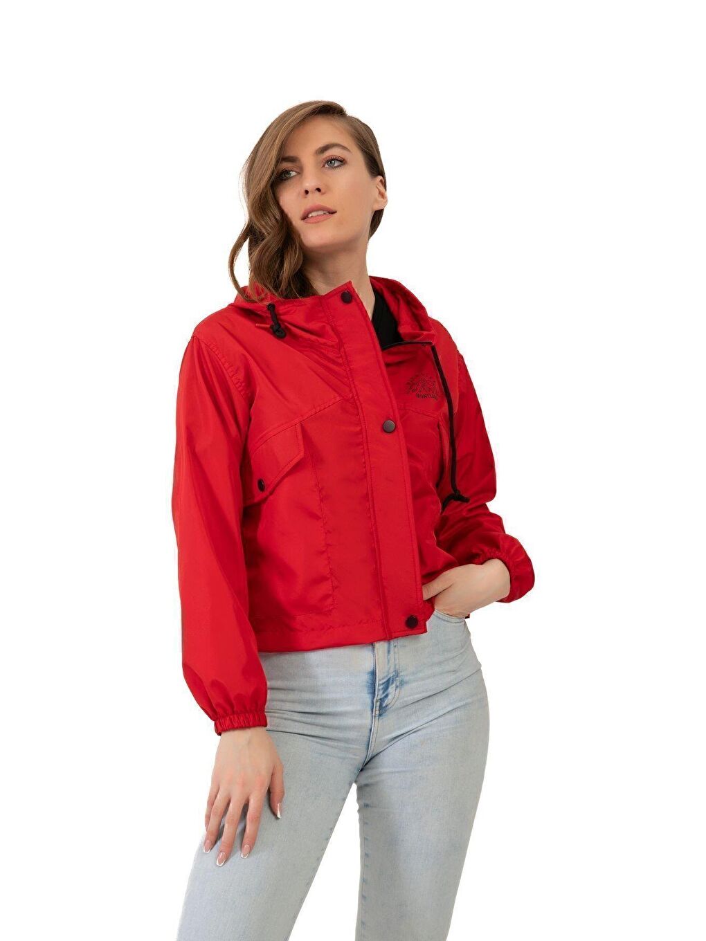 Kırmızı Kadın Su Geçirmez Ve Rüzgara Dayanıklı Kapüşonlu Çıt Çıtlı Mevsimlik Yağmurluk-1
