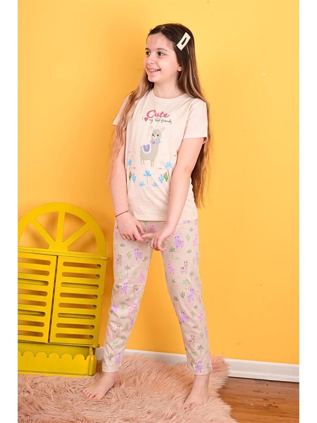 Kız Çocuk Kısa Kollu Pijama Takımı Lama Pembe-1