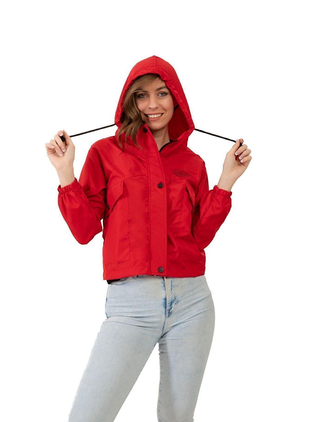 Kırmızı Kadın Su Geçirmez Ve Rüzgara Dayanıklı Kapüşonlu Çıt Çıtlı Mevsimlik Yağmurluk-2