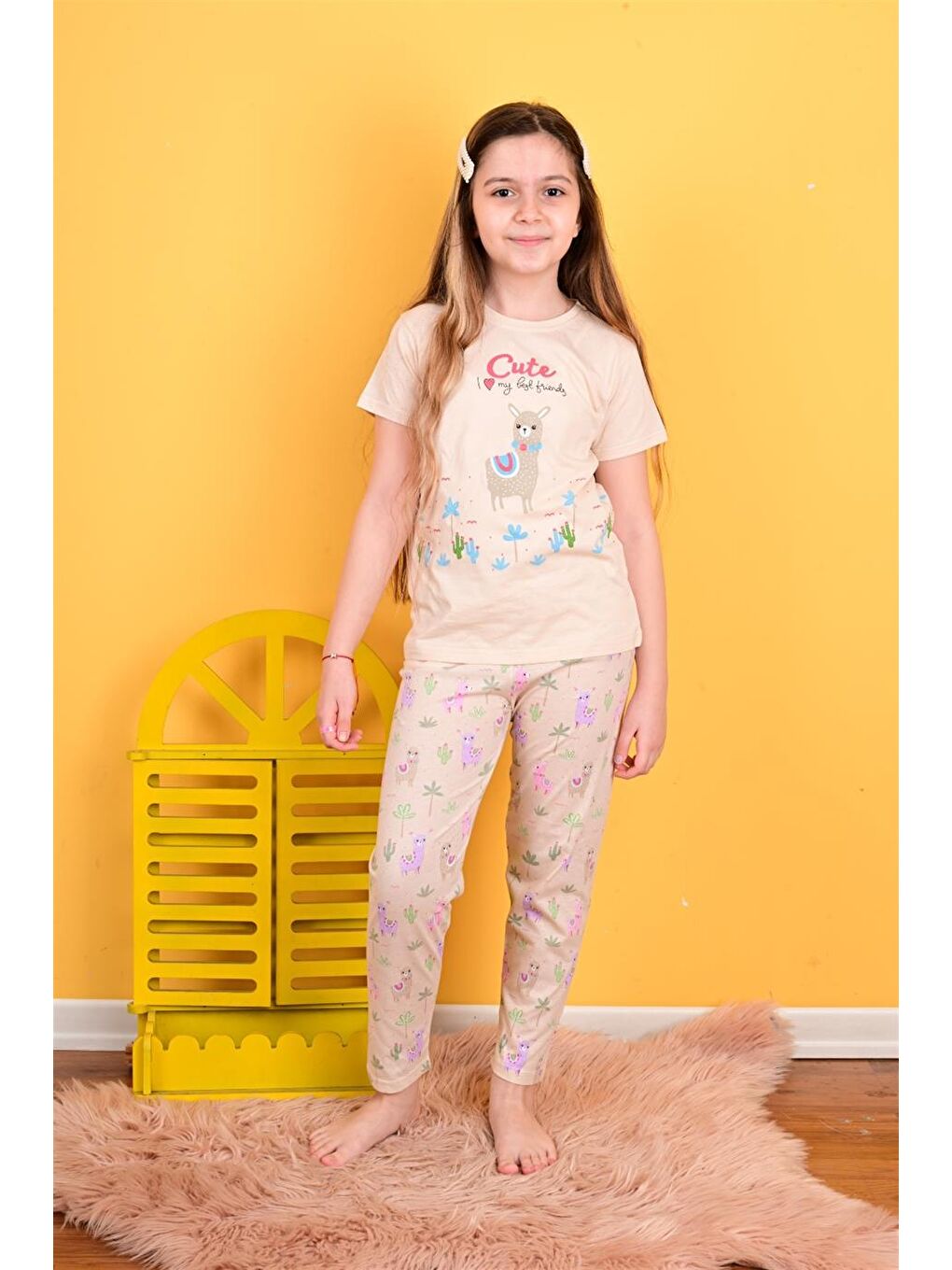 Kız Çocuk Kısa Kollu Pijama Takımı Lama Pembe-2