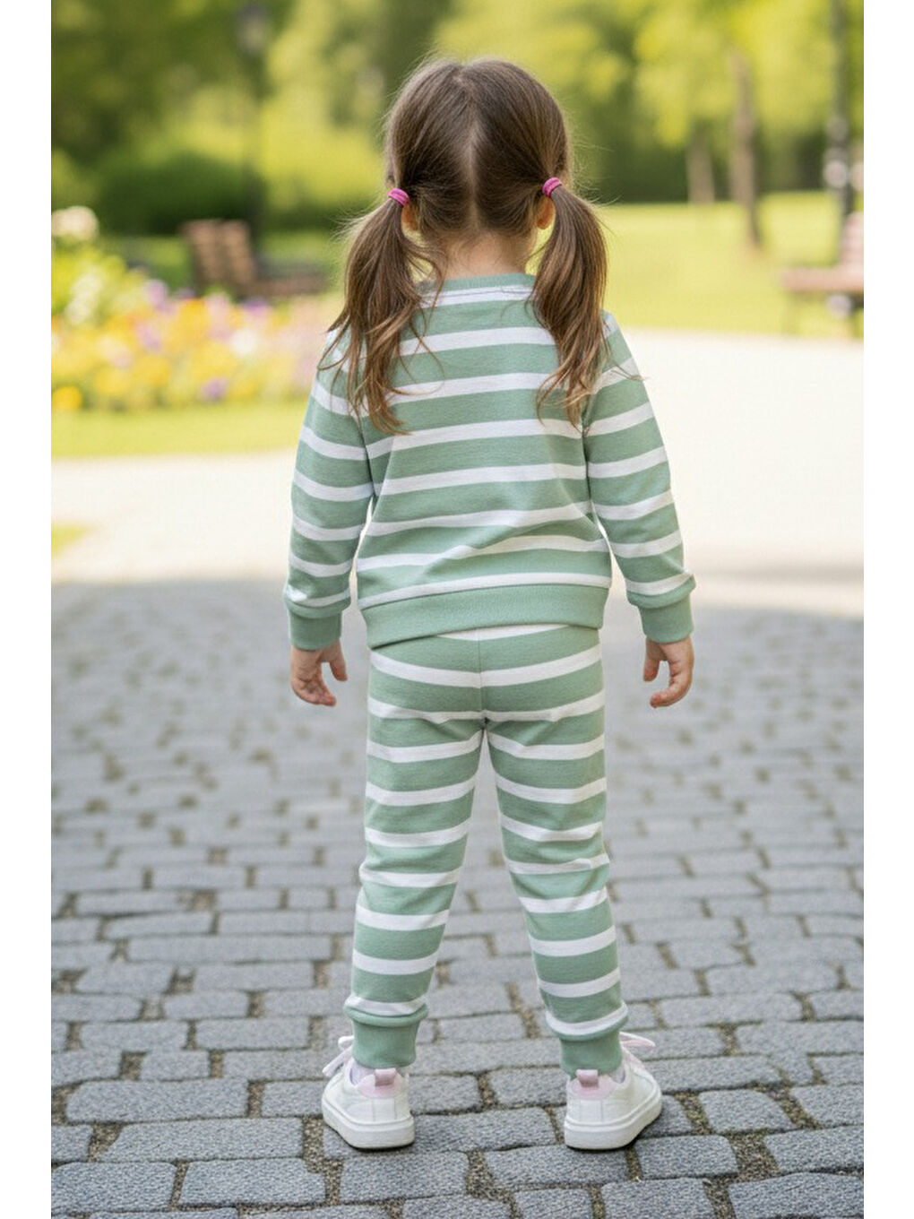 Yeşil Kız Çocuk Mint Çizgili Nakışlı İki İplik İkili Takım - 28011-MINT-1