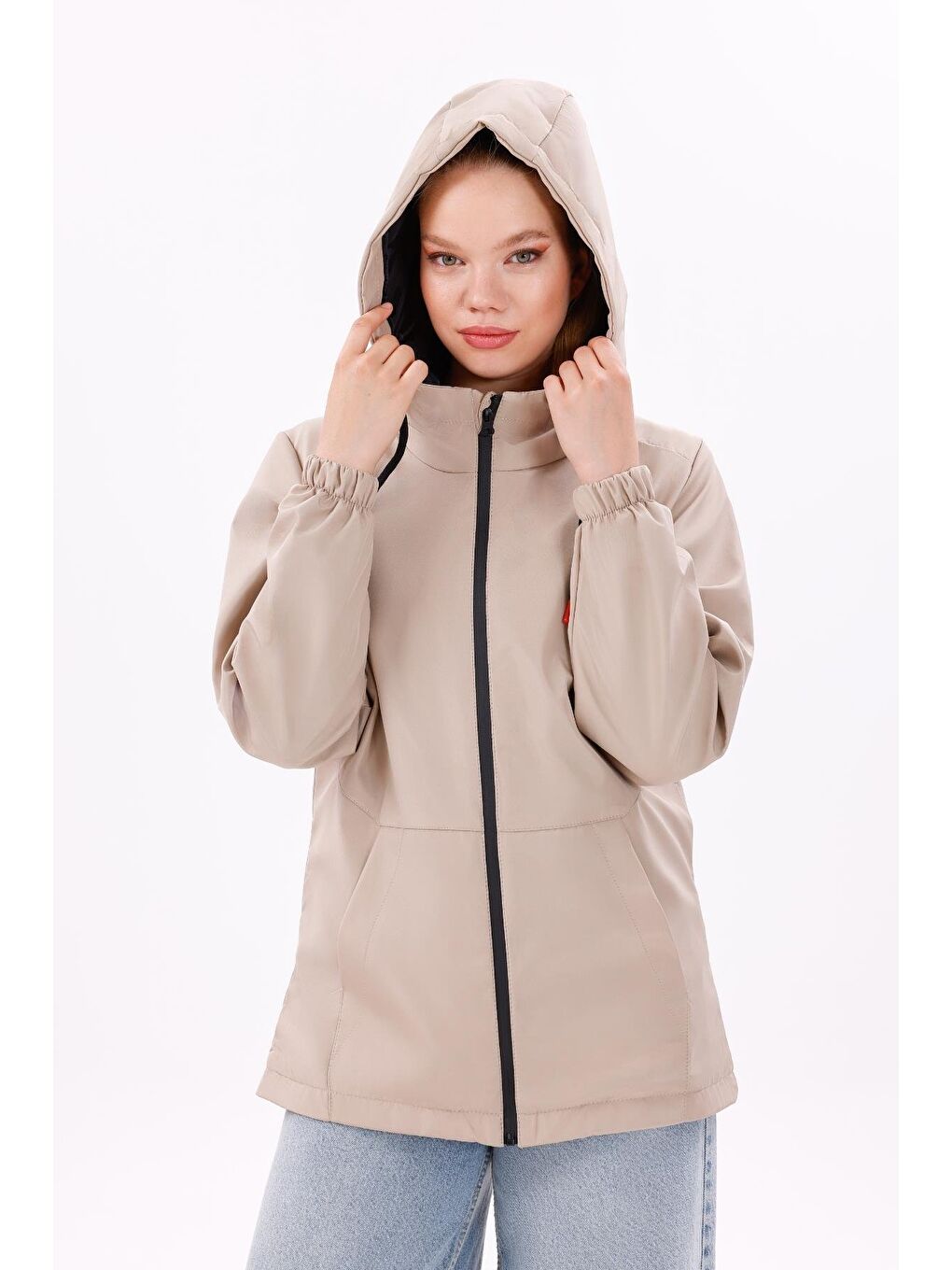 Bej Kadın Su Geçirmez Ve Rüzgara Dayanıklı Astarlı Kapüşonlu Yağmurluk - Rüzgarlık-2