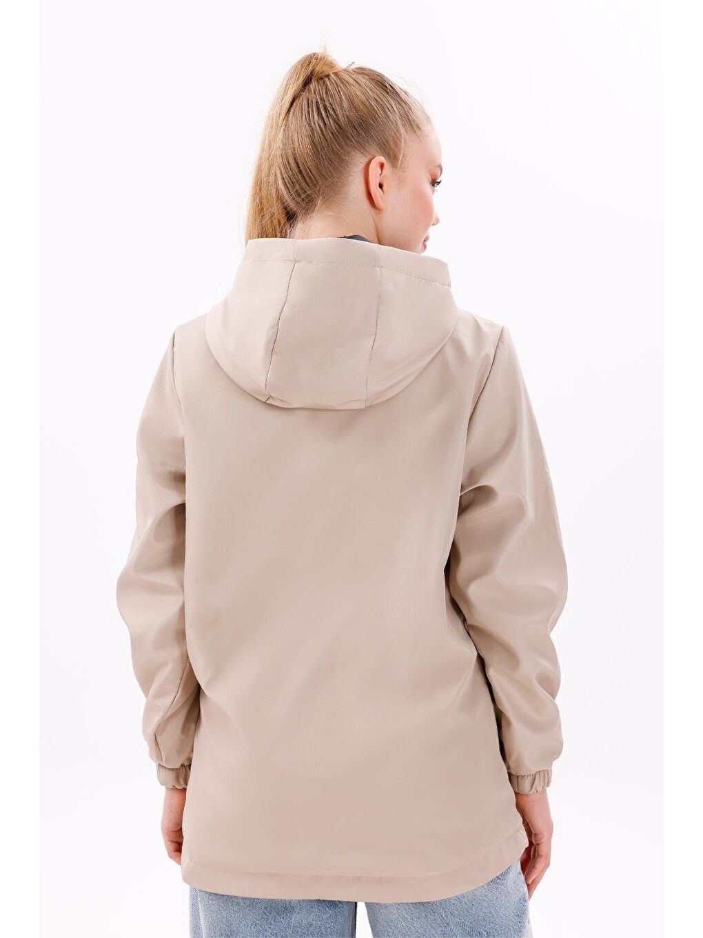 Bej Kadın Su Geçirmez Ve Rüzgara Dayanıklı Astarlı Kapüşonlu Yağmurluk - Rüzgarlık-4