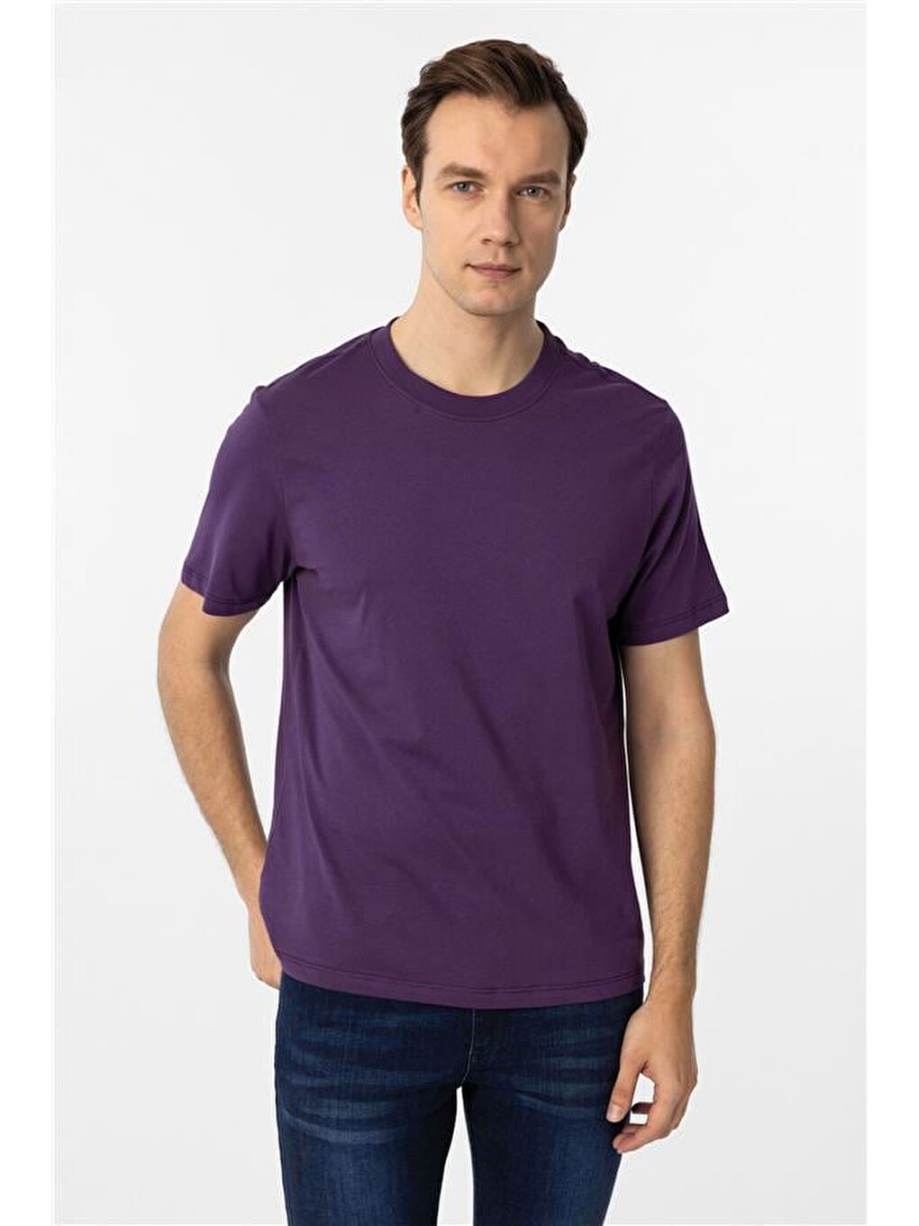 Koyu Lila Regular Düz Bisiklet Yaka Tişört-1