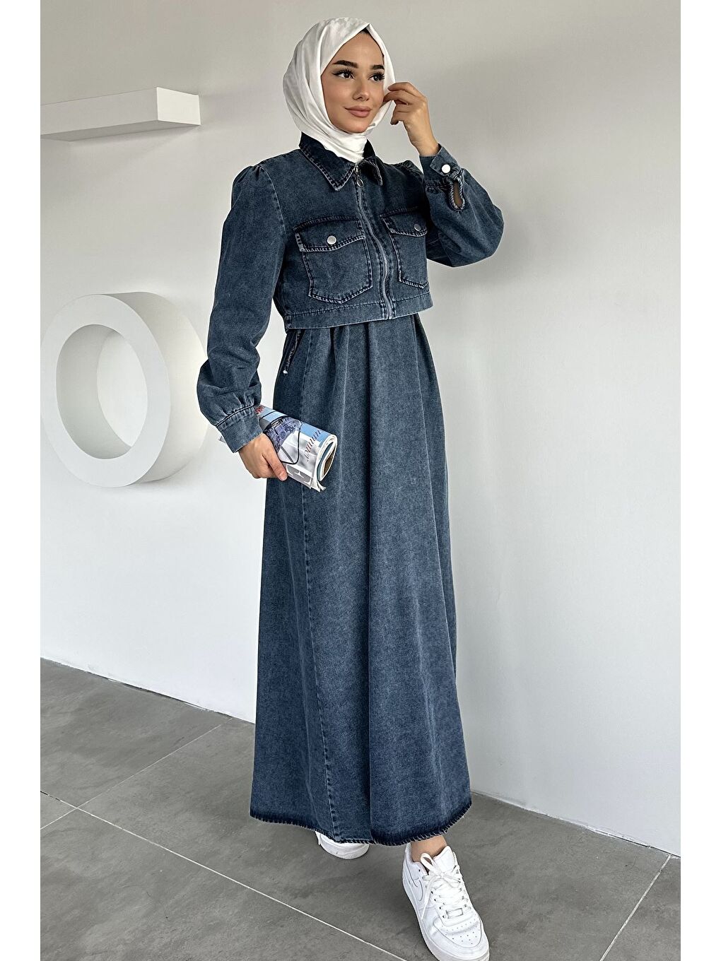 Lacivert Fermuarlı Ceket Elbise Jean Jean Tesettür İkili Takım
