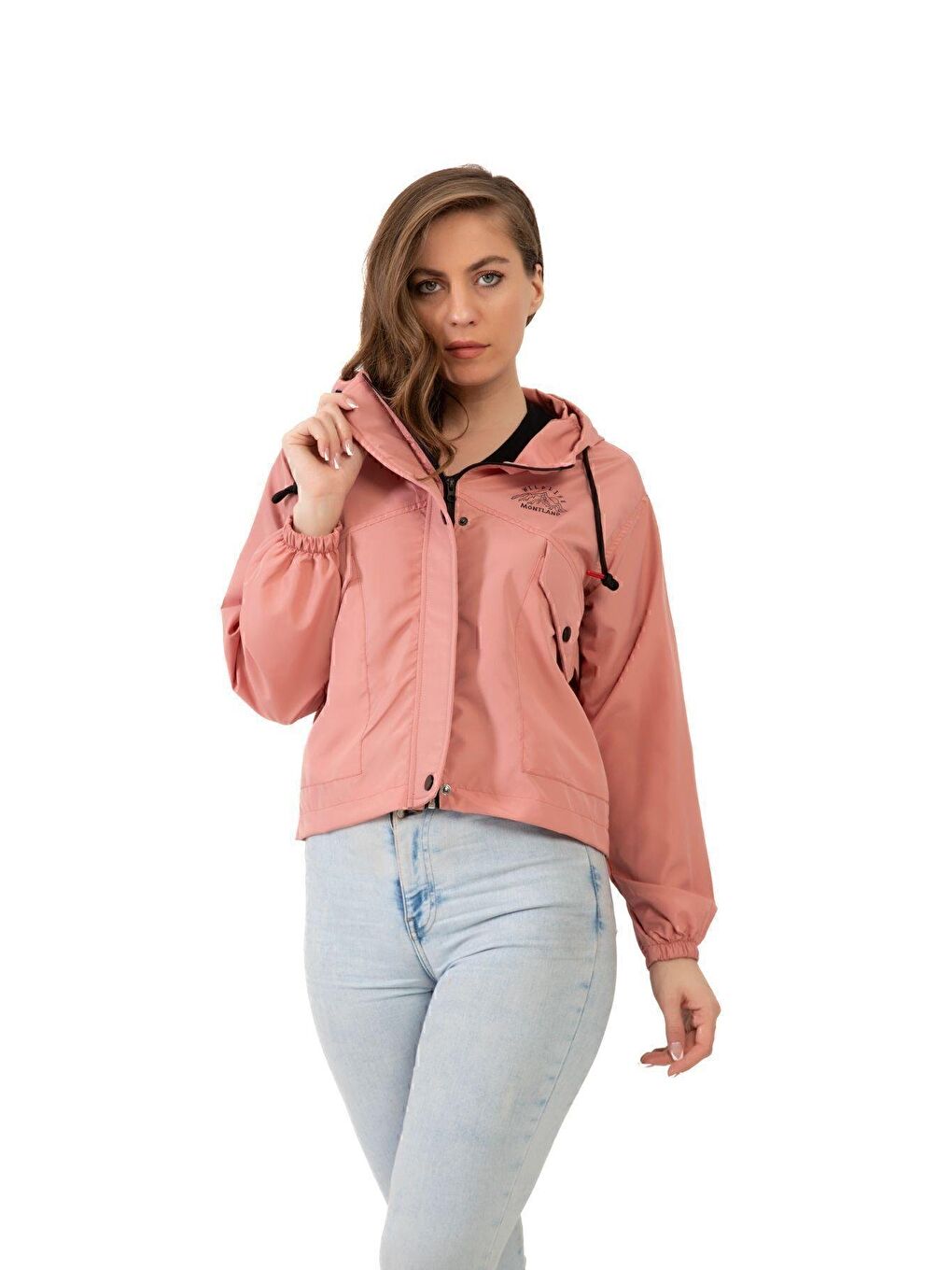 Pembe Kadın Su Geçirmez Ve Rüzgara Dayanıklı Kapüşonlu Çıt Çıtlı Mevsimlik Yağmurluk