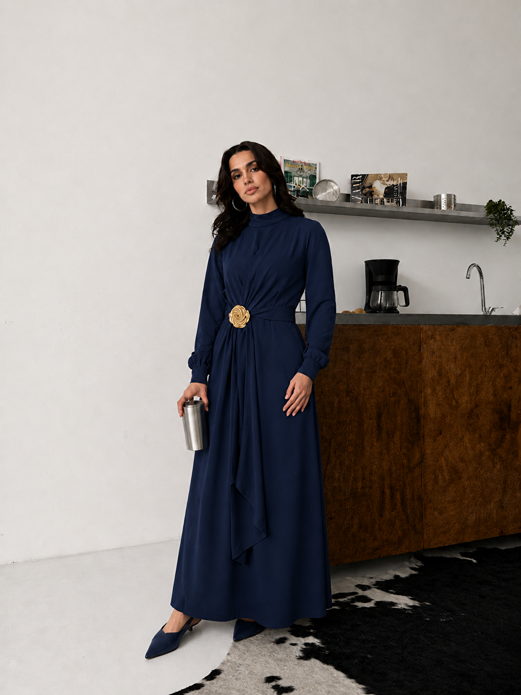 Kadın Bel Detaylı Premium Lacivert Uzun Elbise-2