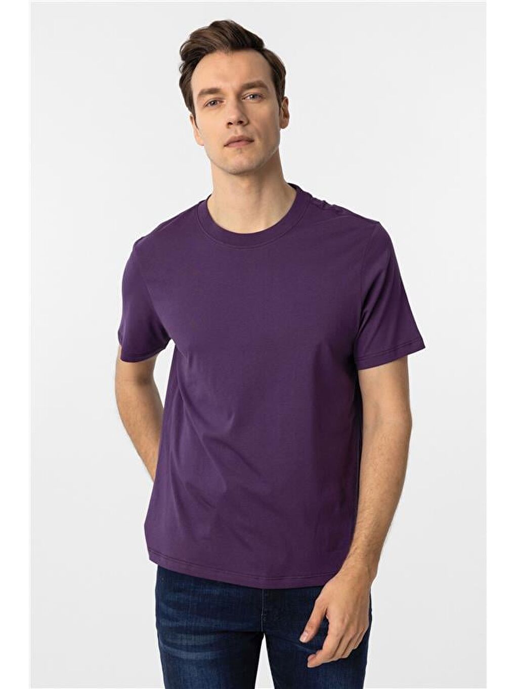 Koyu Lila Regular Düz Bisiklet Yaka Tişört-2