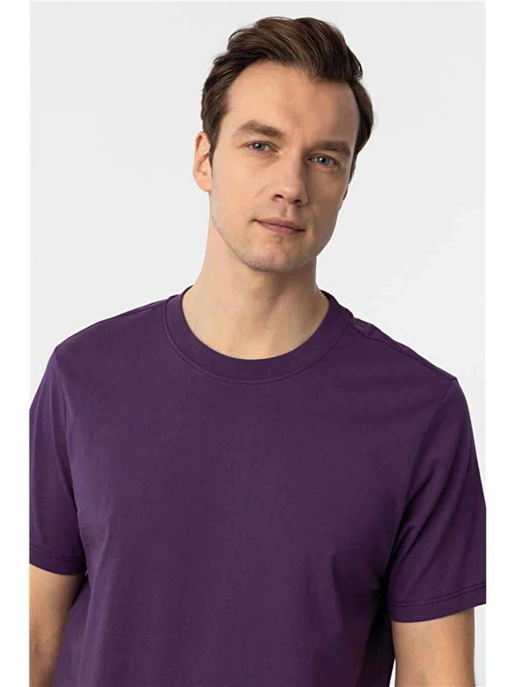 Koyu Lila Regular Düz Bisiklet Yaka Tişört-3
