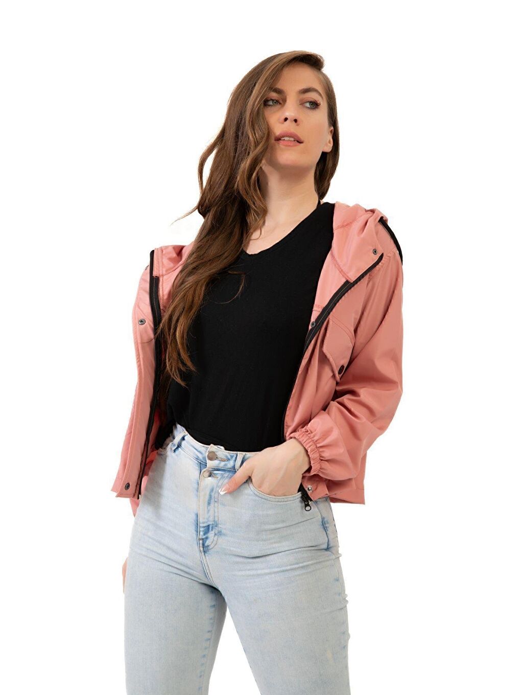 Pembe Kadın Su Geçirmez Ve Rüzgara Dayanıklı Kapüşonlu Çıt Çıtlı Mevsimlik Yağmurluk-1