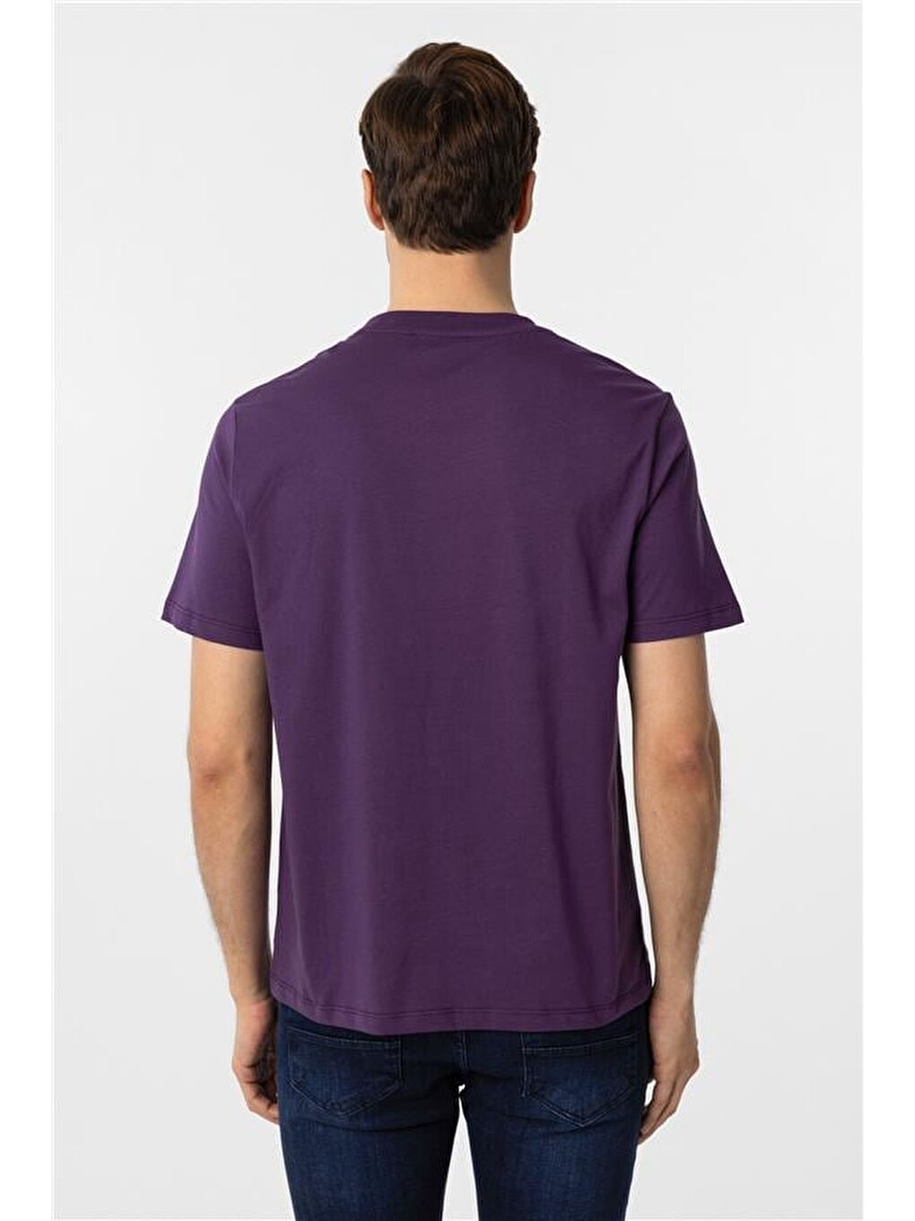 Koyu Lila Regular Düz Bisiklet Yaka Tişört-4