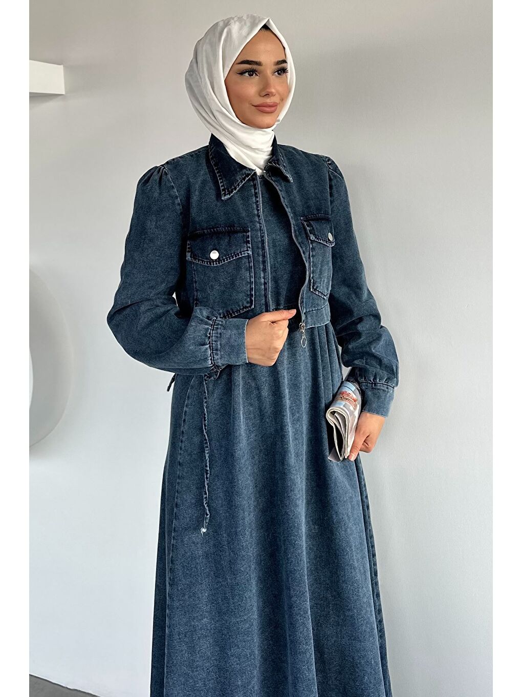 Lacivert Fermuarlı Ceket Elbise Jean Jean Tesettür İkili Takım-2
