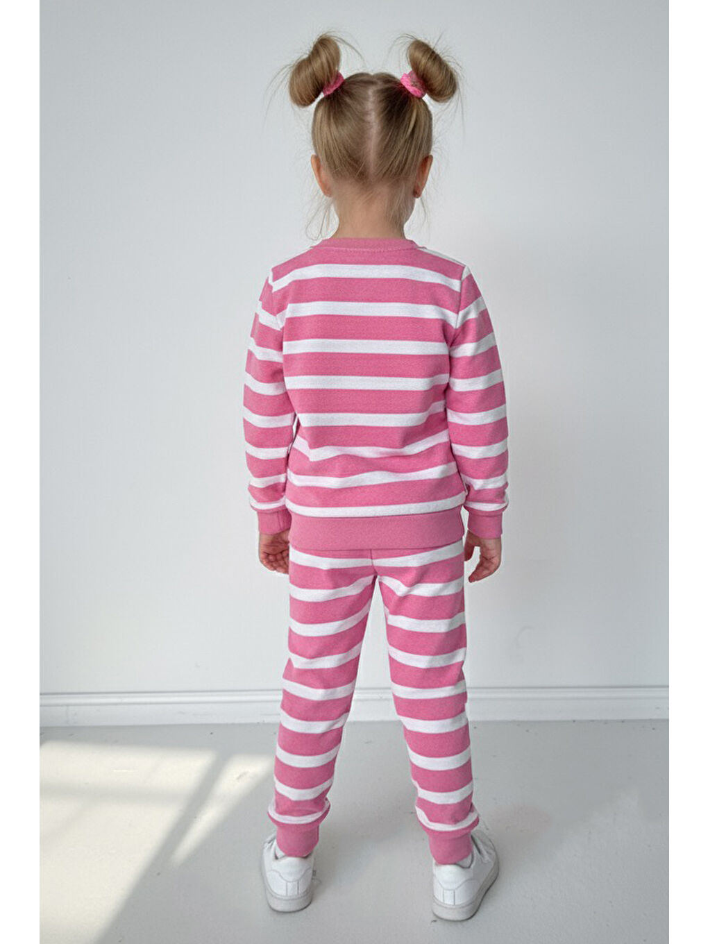 Kız Çocuk Pembe Çizgili Nakışlı İki İplik İkili Takım - 28010-PEMBE-1