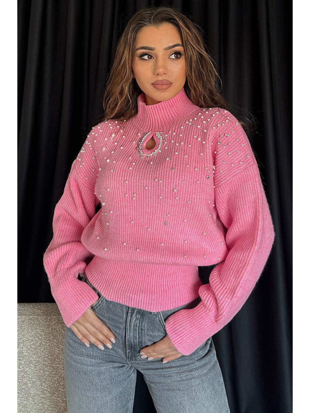 Pembe Kadın İncili Taşl Detaylı Triko Kazak-1