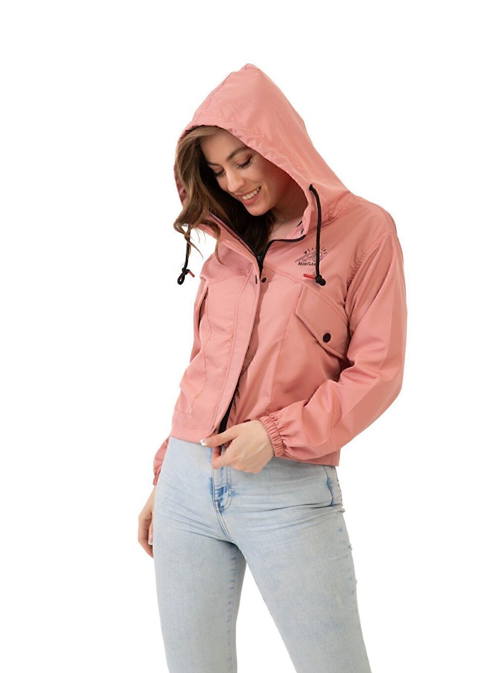 Pembe Kadın Su Geçirmez Ve Rüzgara Dayanıklı Kapüşonlu Çıt Çıtlı Mevsimlik Yağmurluk-2