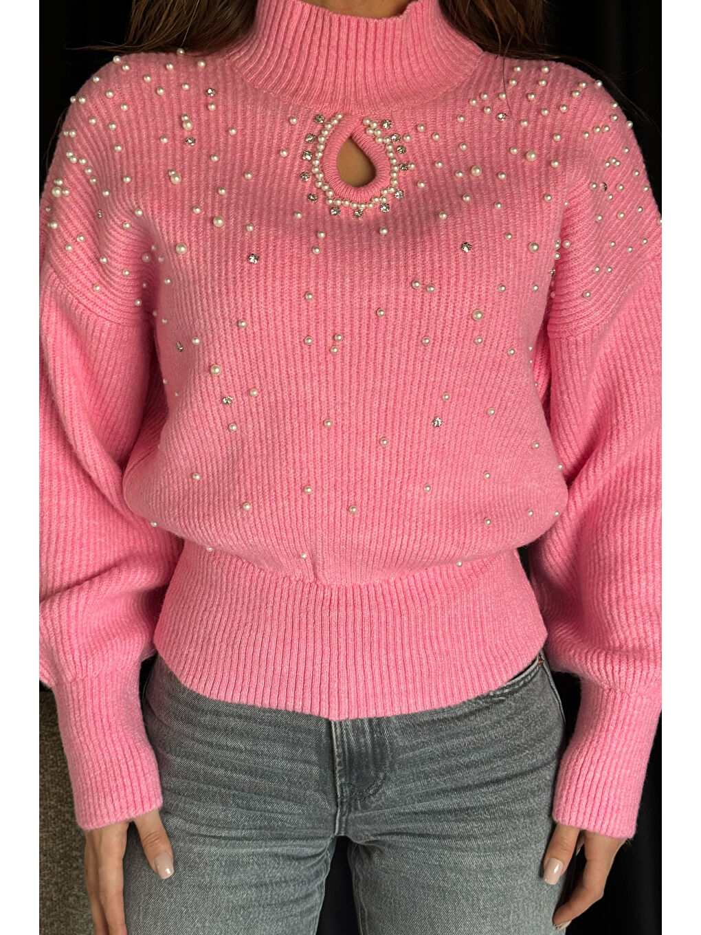 Pembe Kadın İncili Taşl Detaylı Triko Kazak-2