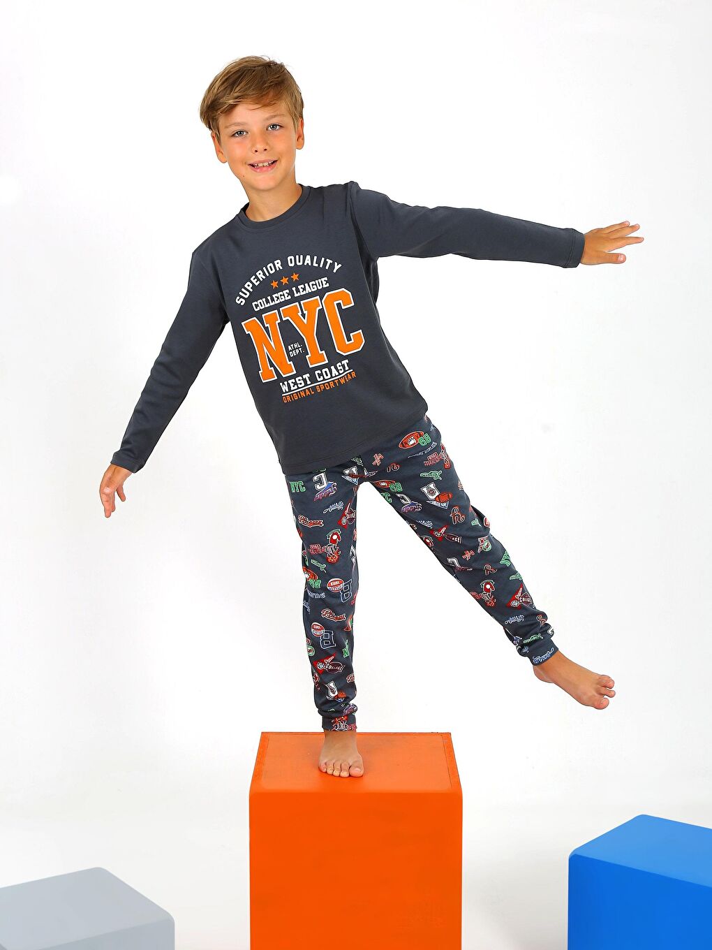 Antrasit Erkek Çocuk Uzun Kollu %100 Pamuklu Pijama Takımı West Coast-1