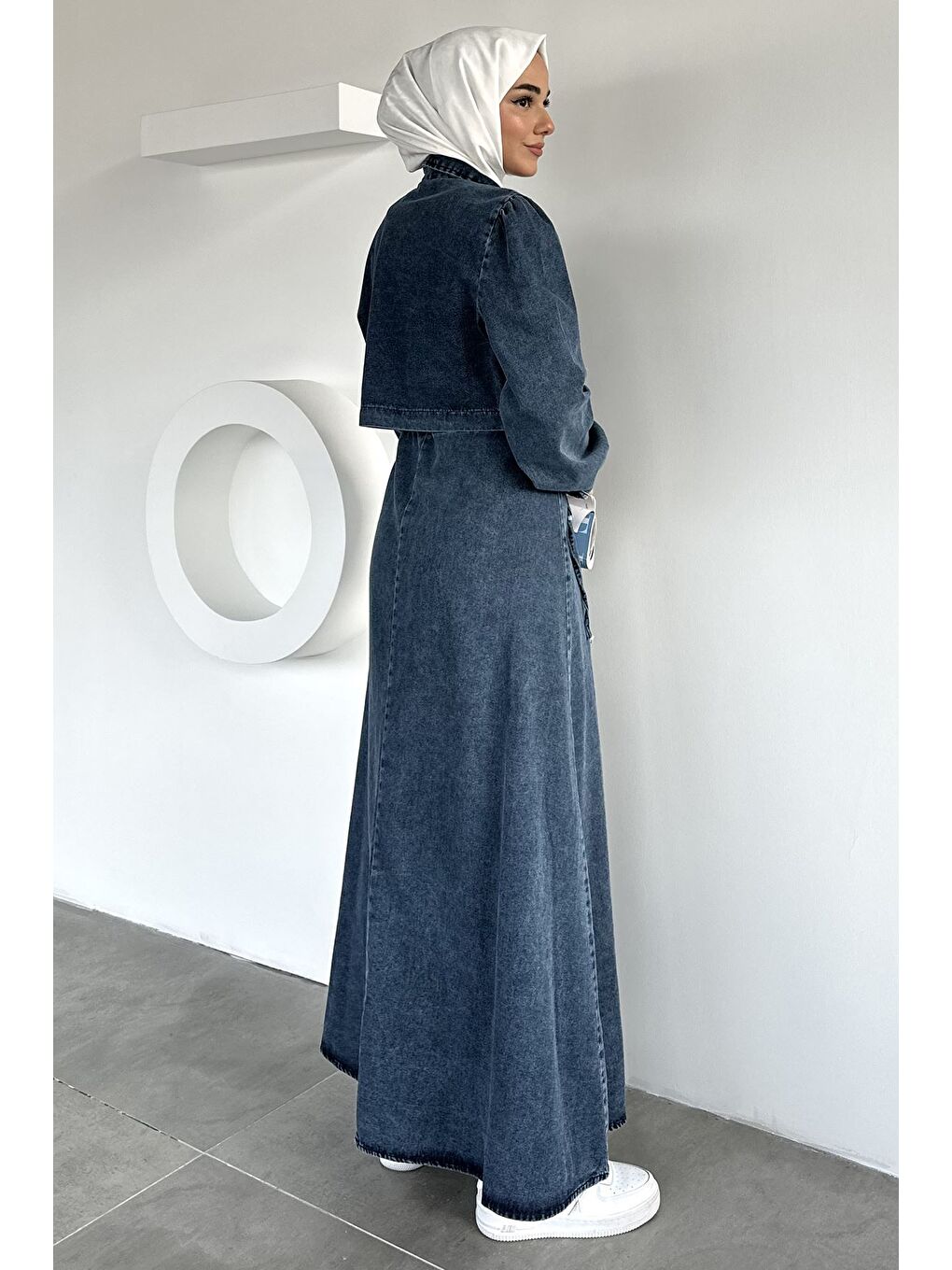 Lacivert Fermuarlı Ceket Elbise Jean Jean Tesettür İkili Takım-4