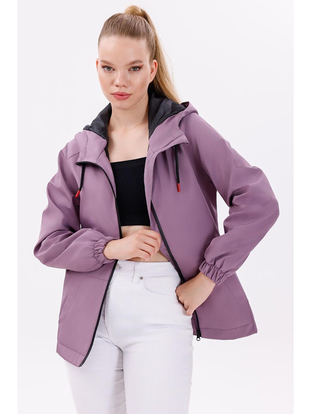 Mürdüm Kadın Su Geçirmez Ve Rüzgara Dayanıklı Astarlı Kapüşonlu Yağmurluk - Rüzgarlık-2