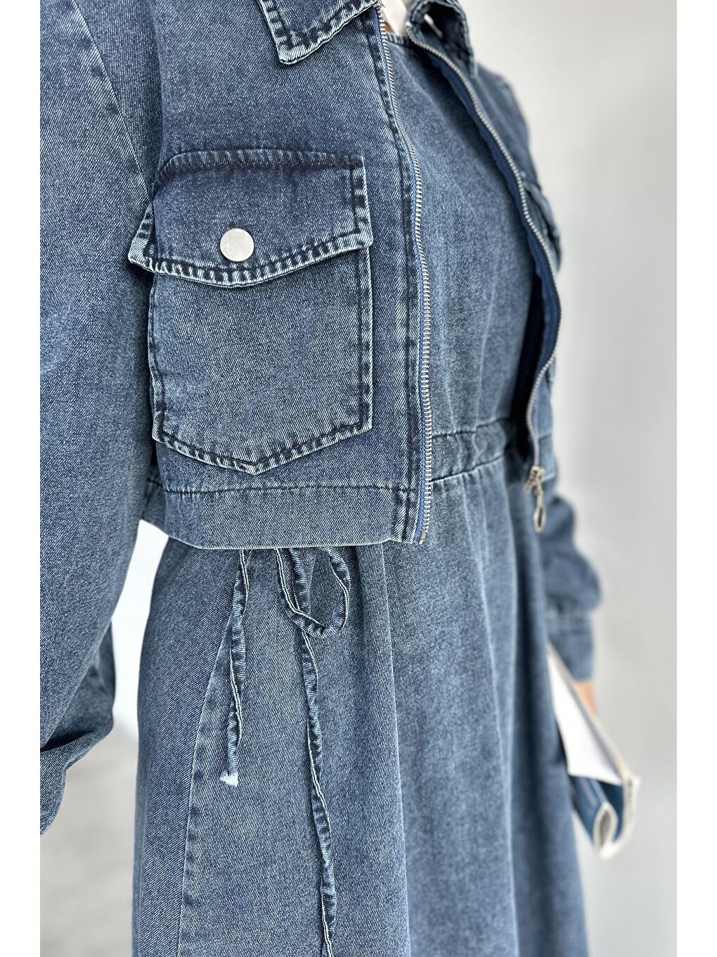 Lacivert Fermuarlı Ceket Elbise Jean Jean Tesettür İkili Takım-6