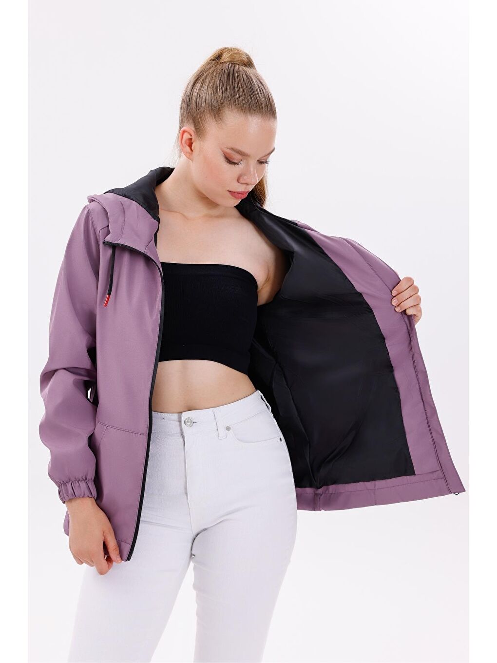 Mürdüm Kadın Su Geçirmez Ve Rüzgara Dayanıklı Astarlı Kapüşonlu Yağmurluk - Rüzgarlık-5