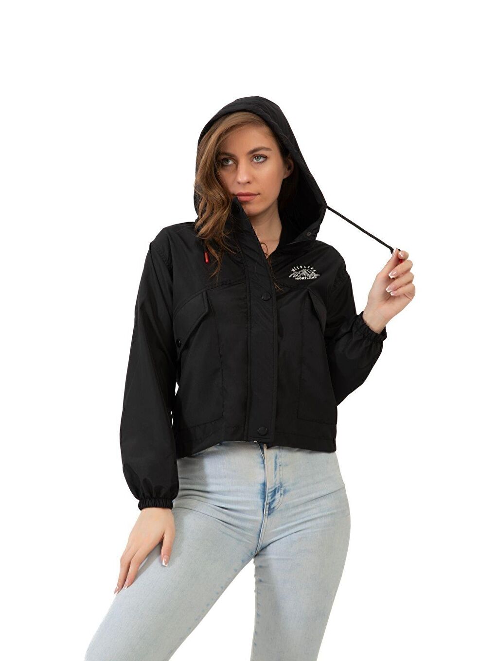 Siyah Kadın Su Geçirmez Ve Rüzgara Dayanıklı Kapüşonlu Çıt Çıtlı Mevsimlik Yağmurluk-1