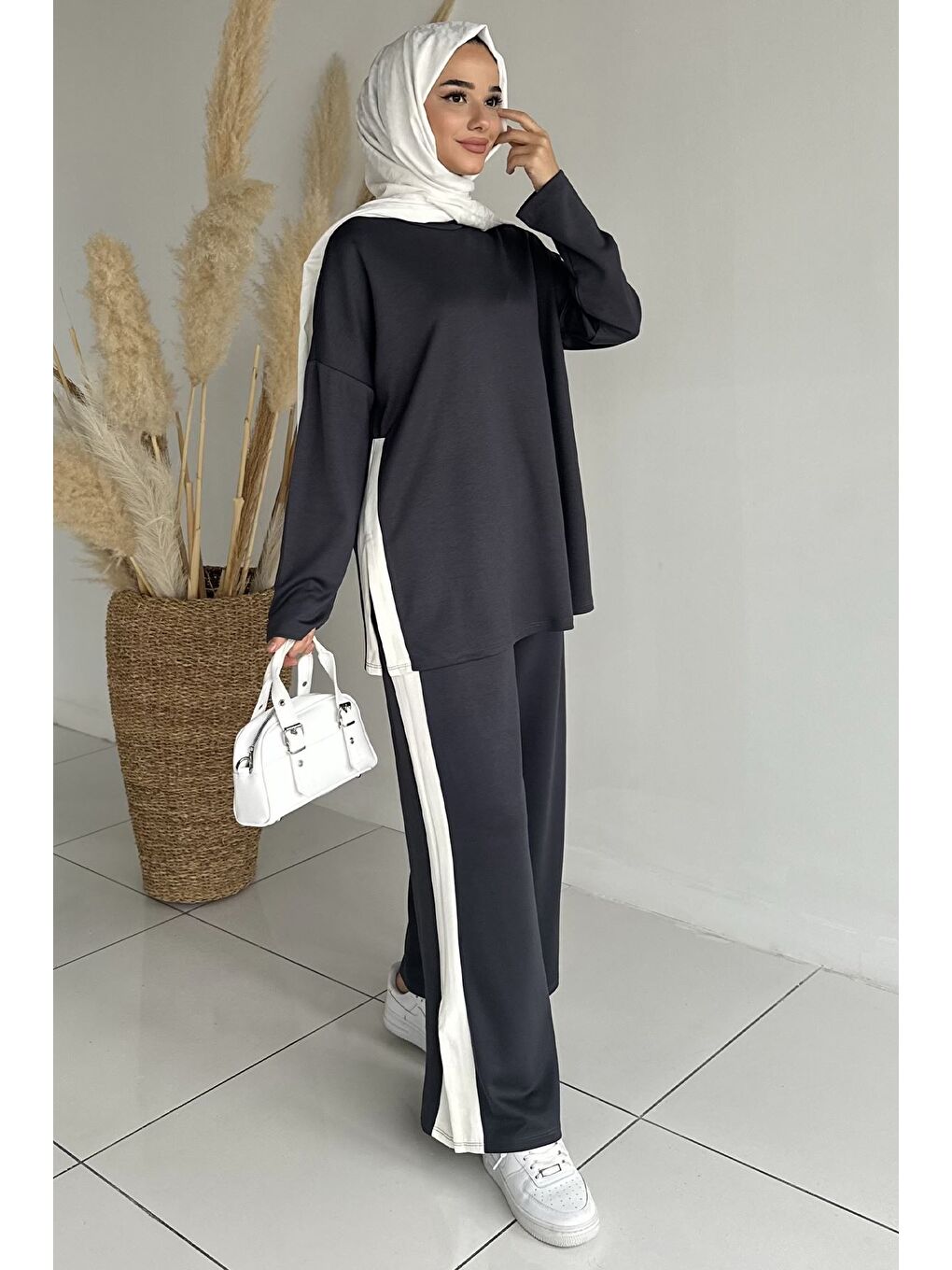 Gri Şerit Desenli Tunik Bel Lastikli Pantolon Tesettür İkili Takım-3
