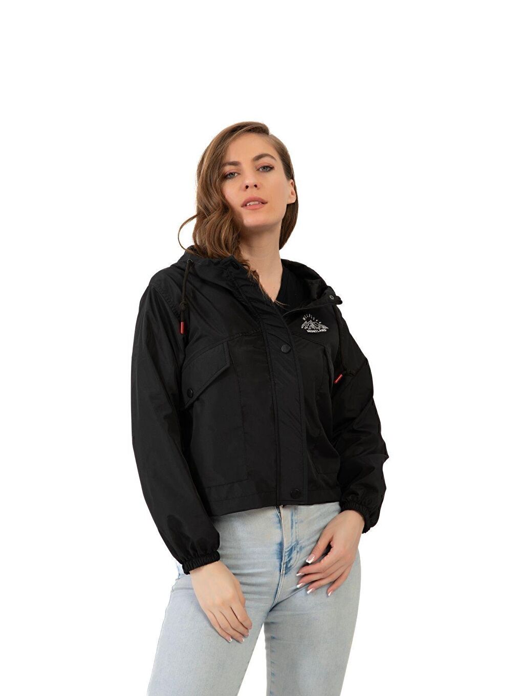 Siyah Kadın Su Geçirmez Ve Rüzgara Dayanıklı Kapüşonlu Çıt Çıtlı Mevsimlik Yağmurluk-2