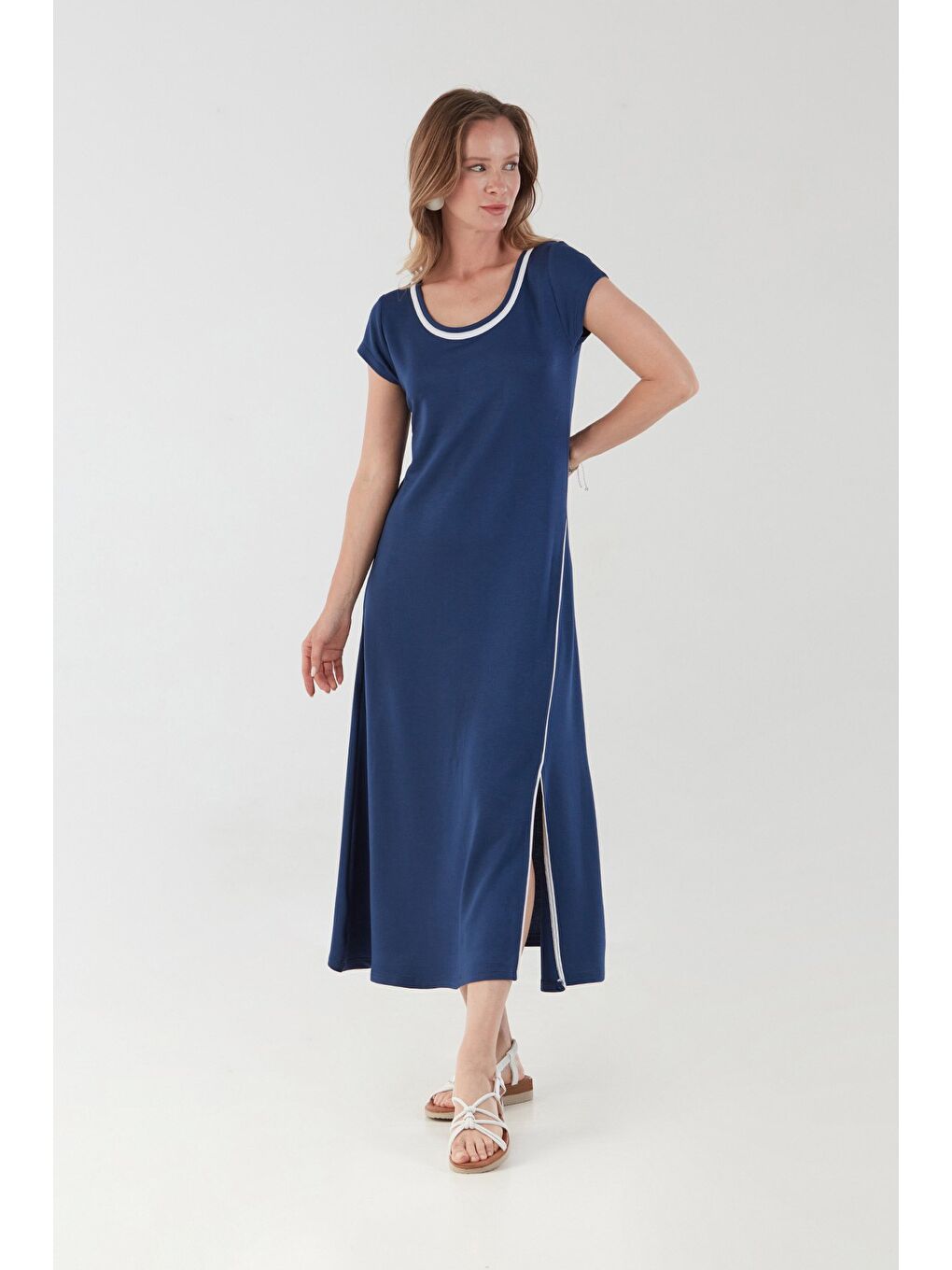 Lacivert Basic Oversize Yırtmaçlı Biyeli Penye Elbise