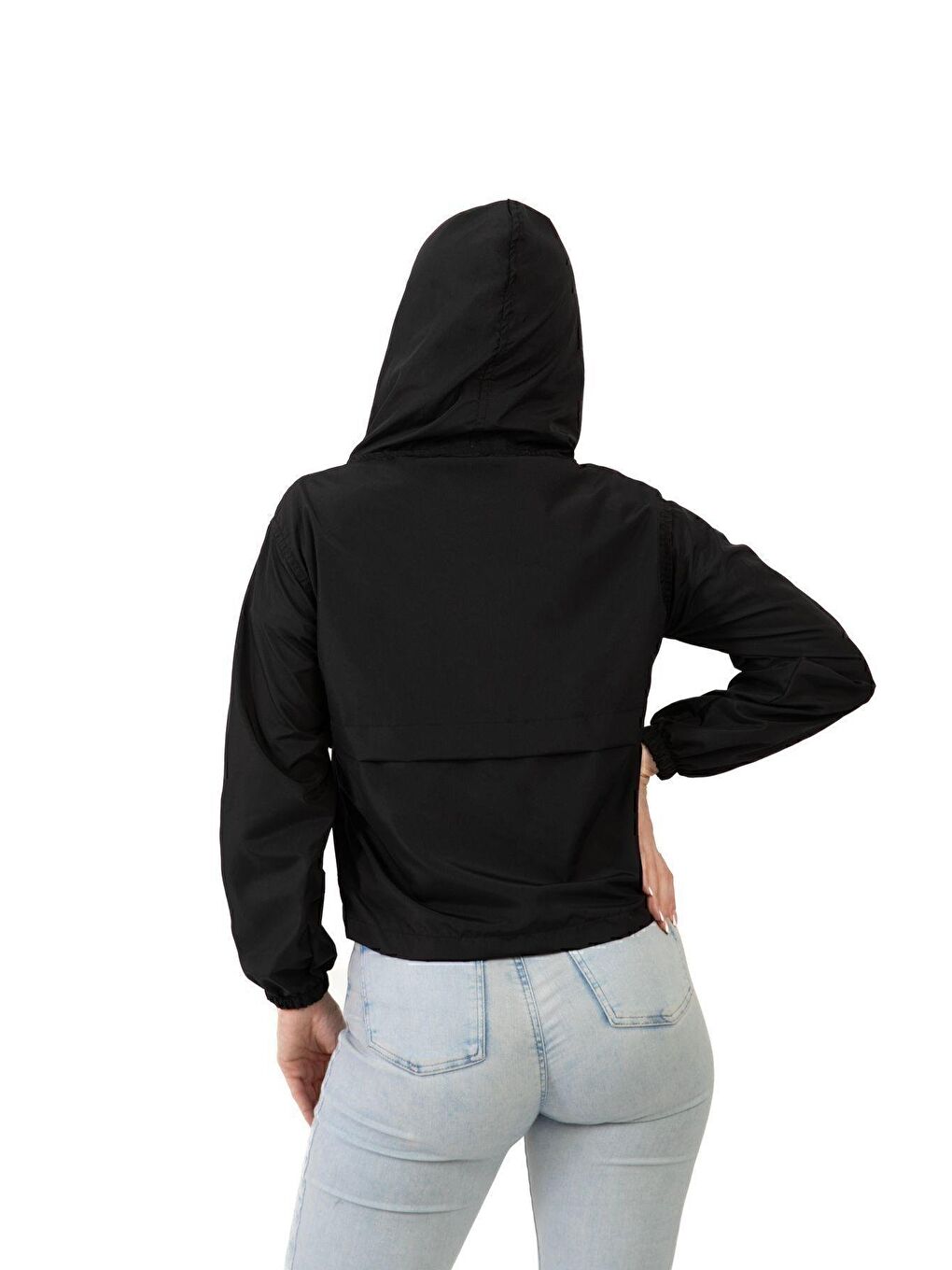 Siyah Kadın Su Geçirmez Ve Rüzgara Dayanıklı Kapüşonlu Çıt Çıtlı Mevsimlik Yağmurluk-3