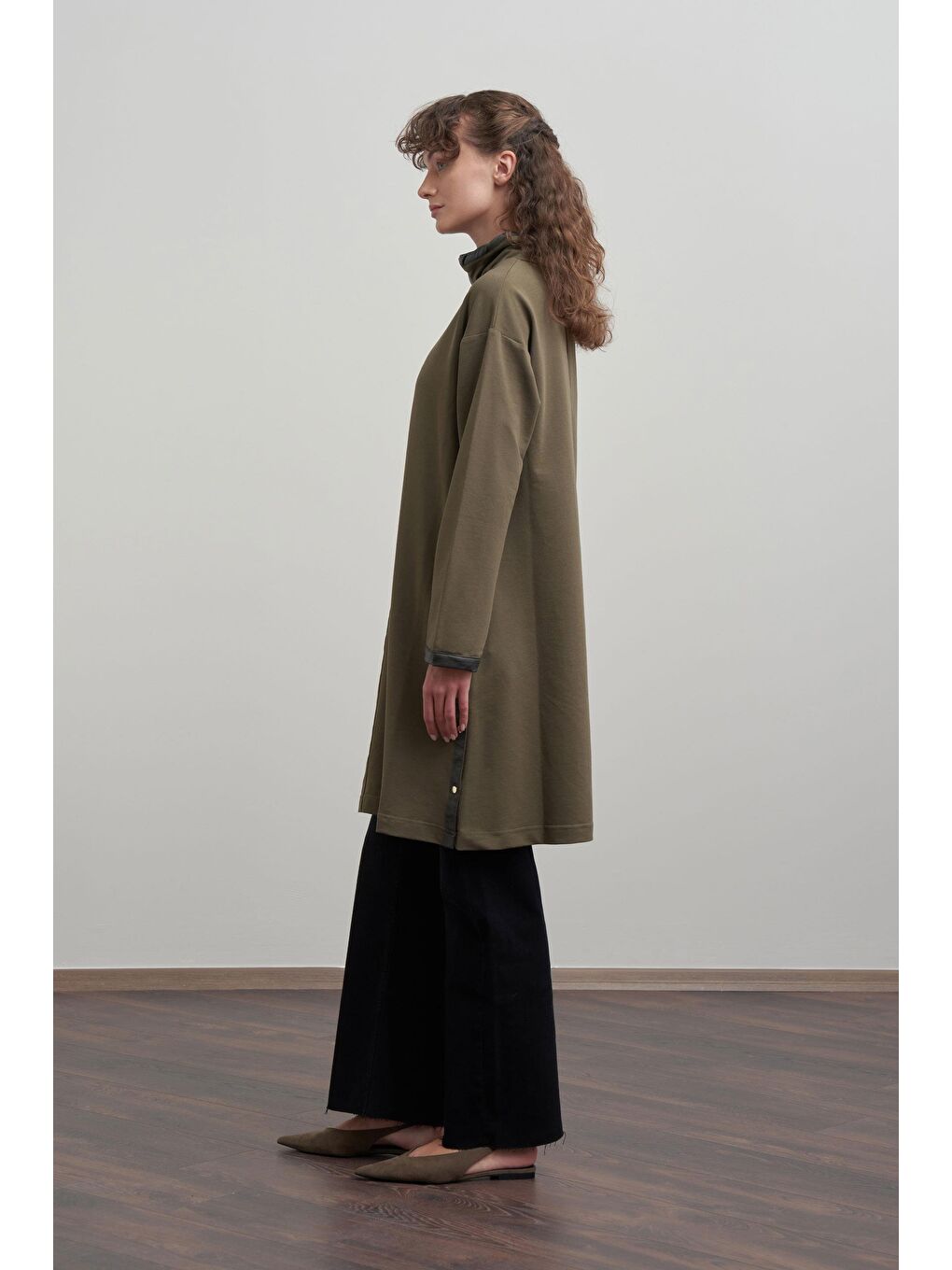 Haki-Deri Biyeli Pamuklu Uzun Tunik-2