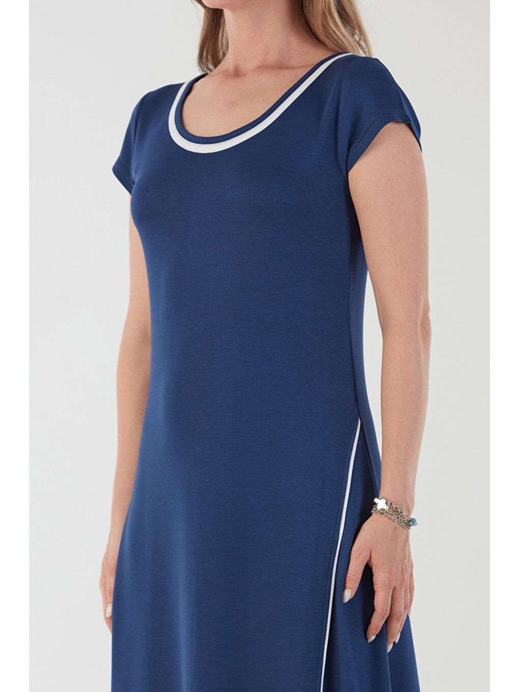 Lacivert Basic Oversize Yırtmaçlı Biyeli Penye Elbise-4