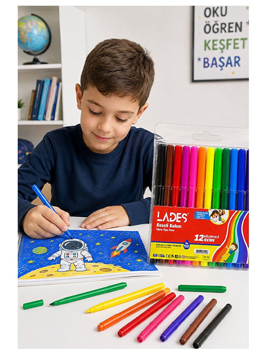 Keçeli Boya Kalemi Lades 12 Li 1 Paket Keçeli Kalem 12 Renk Keçe Uçlu Boya Kalemi Okul Öğrenci-3