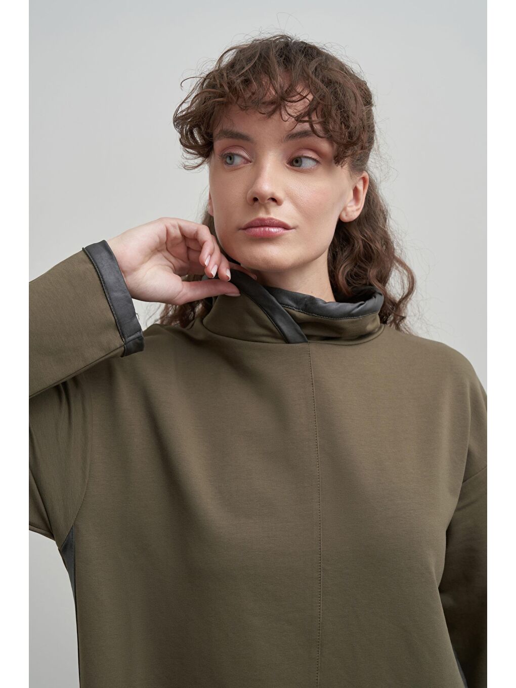 Haki-Deri Biyeli Pamuklu Uzun Tunik-4