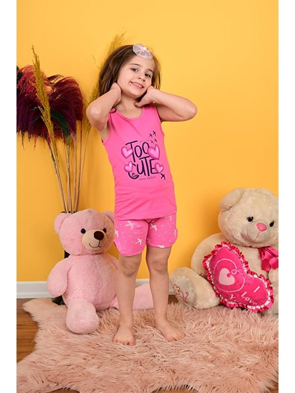 Kız Çocuk Askılı Pijama Takımı Too Cute Koyu Pembe-1