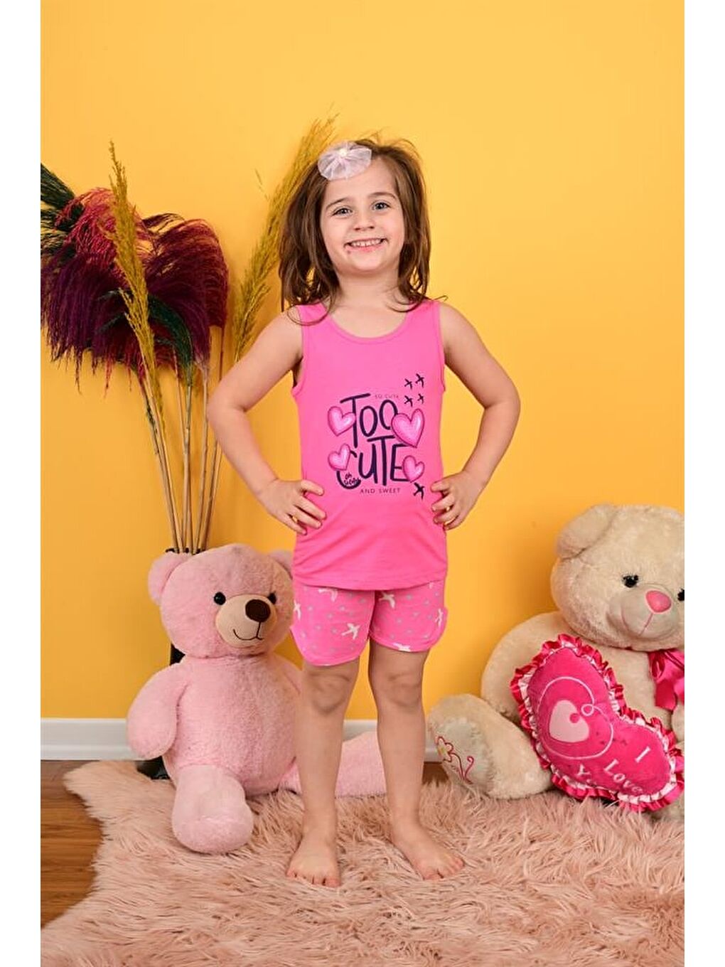 Kız Çocuk Askılı Pijama Takımı Too Cute Koyu Pembe-2