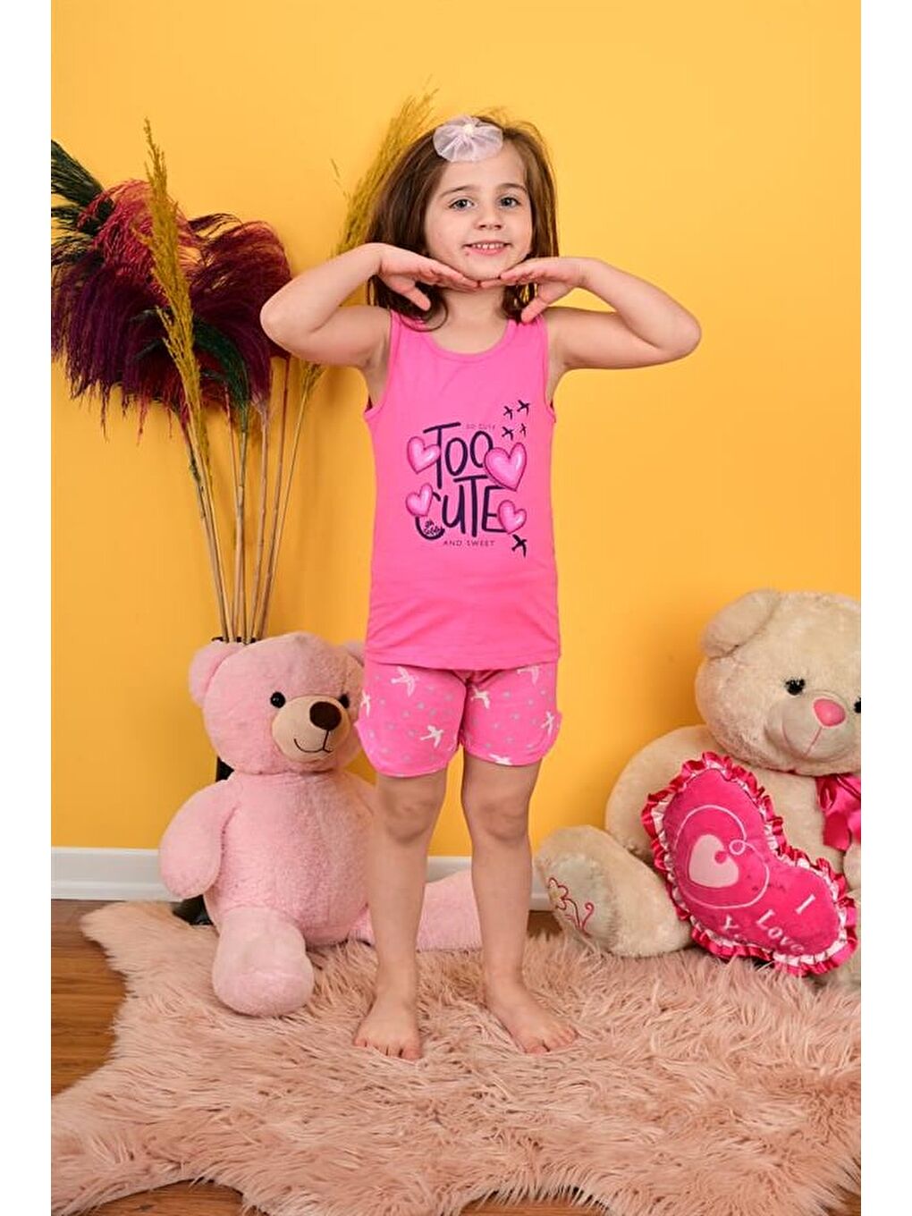 Kız Çocuk Askılı Pijama Takımı Too Cute Koyu Pembe-3