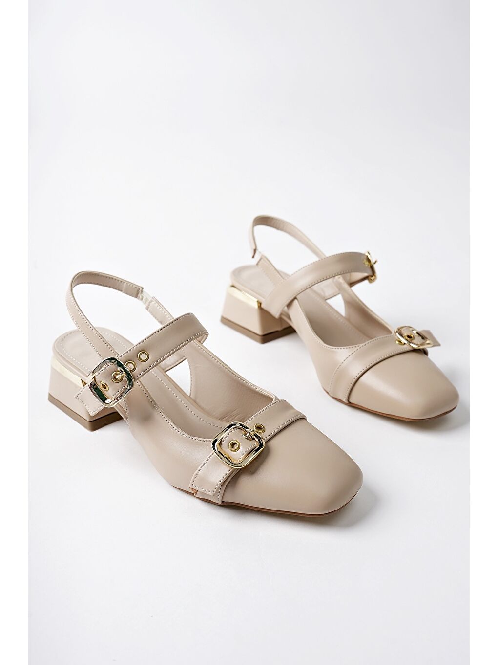 Bej YUQİ Arkası Açık Küt Burun Çift Kemerli Kadın Günlük Klasik Kısa Topuklu Ayakkabı-1