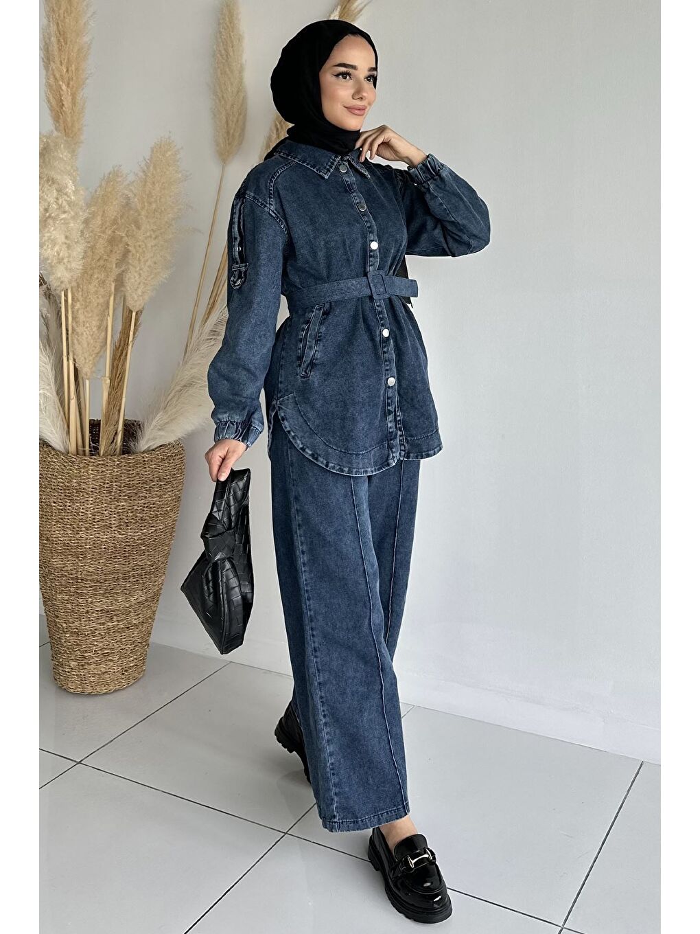 Lacivert Kemerli Jean Jean Ceket Pantolon Tesettür İkili Takım-3