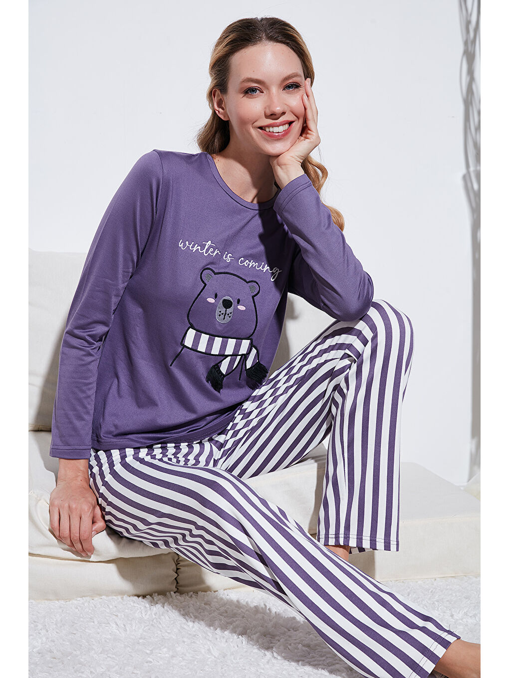 Lela Lila Regular Fit Desenli Bisiklet Yaka Kadın Pijama Takımı 65719102