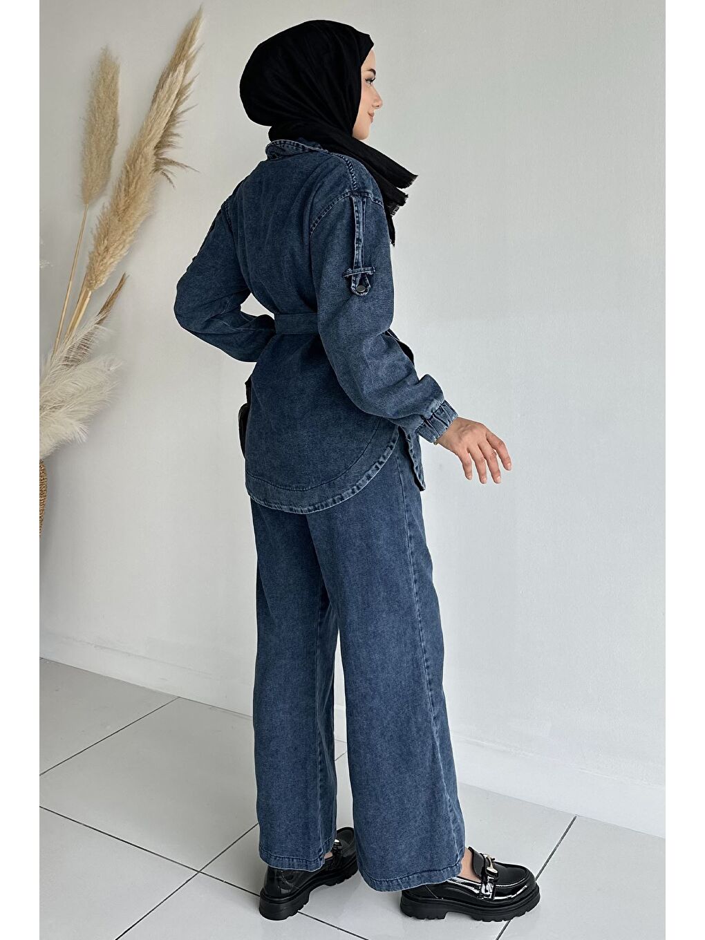 Lacivert Kemerli Jean Jean Ceket Pantolon Tesettür İkili Takım-4