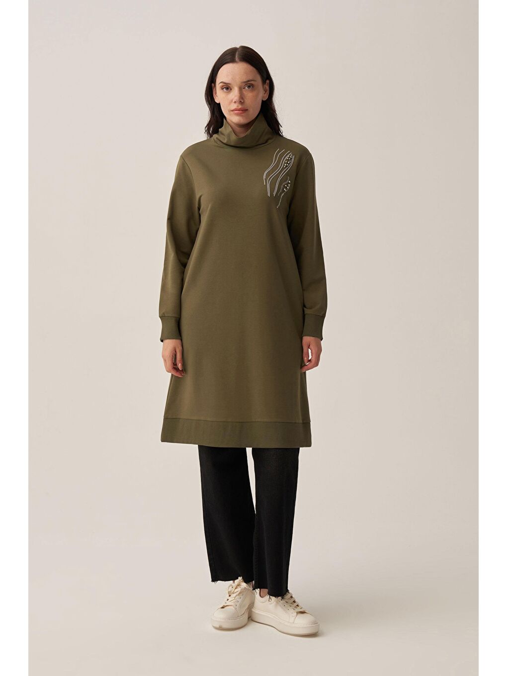 Haki-Taş İşlemeli Pamuklu Tunik-1