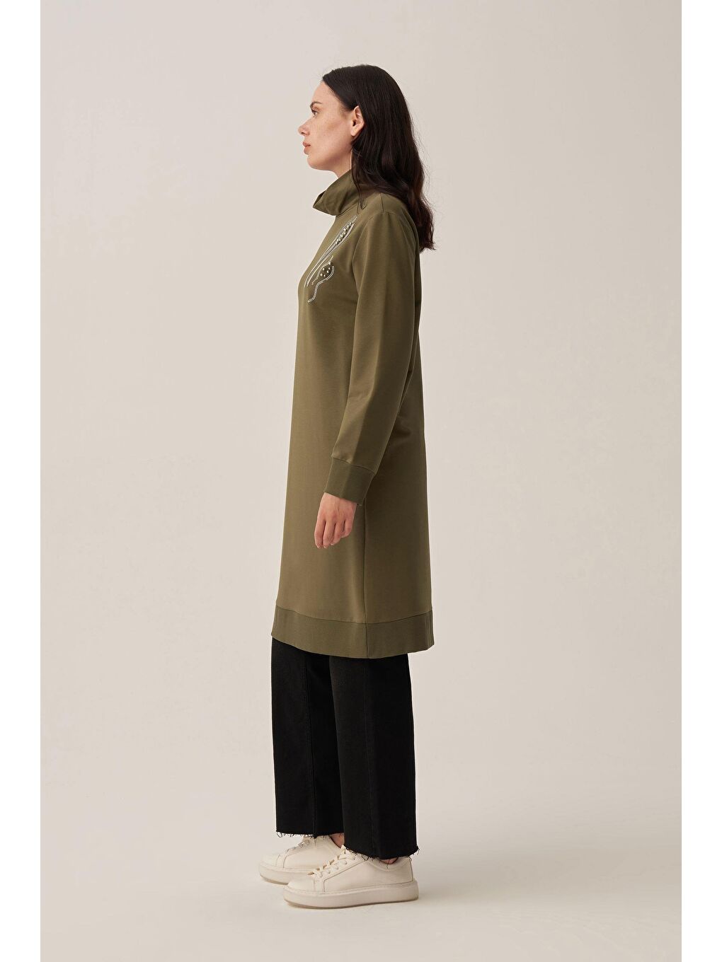 Haki-Taş İşlemeli Pamuklu Tunik-2