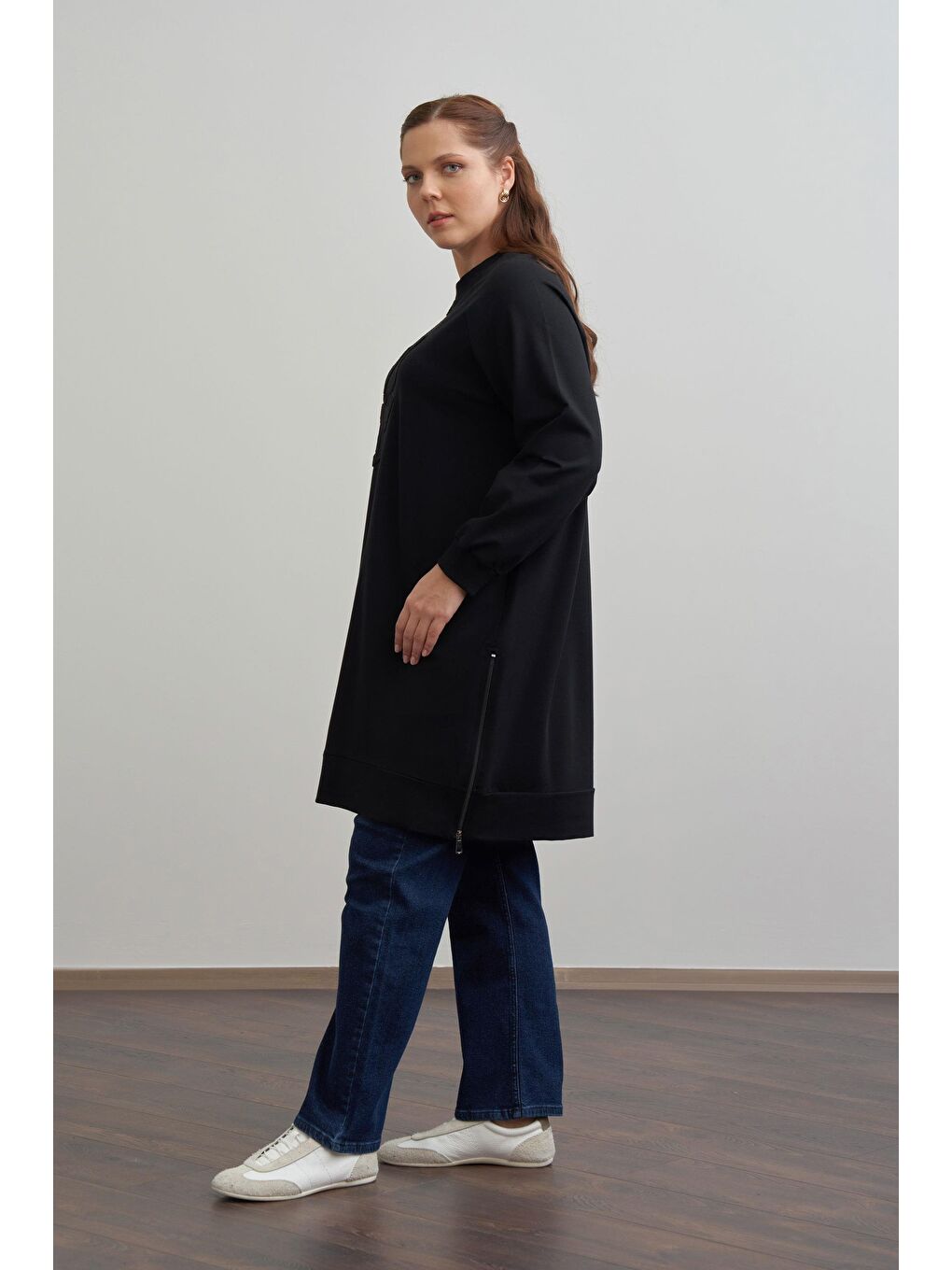 Siyah-Büyük Beden Pamuklu Yaprak Desenli Tunik-1