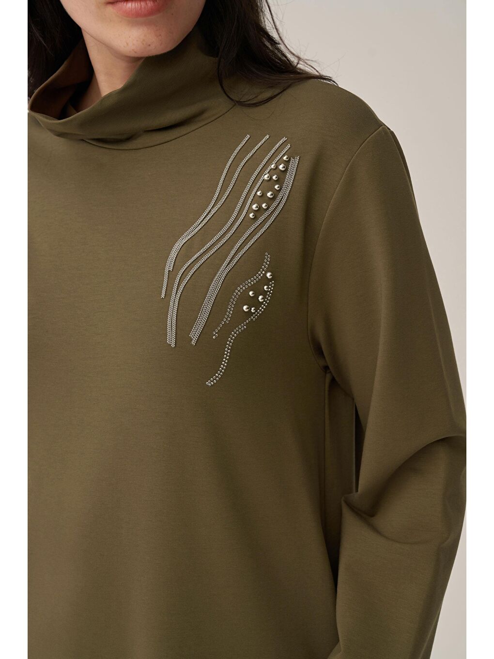 Haki-Taş İşlemeli Pamuklu Tunik-4