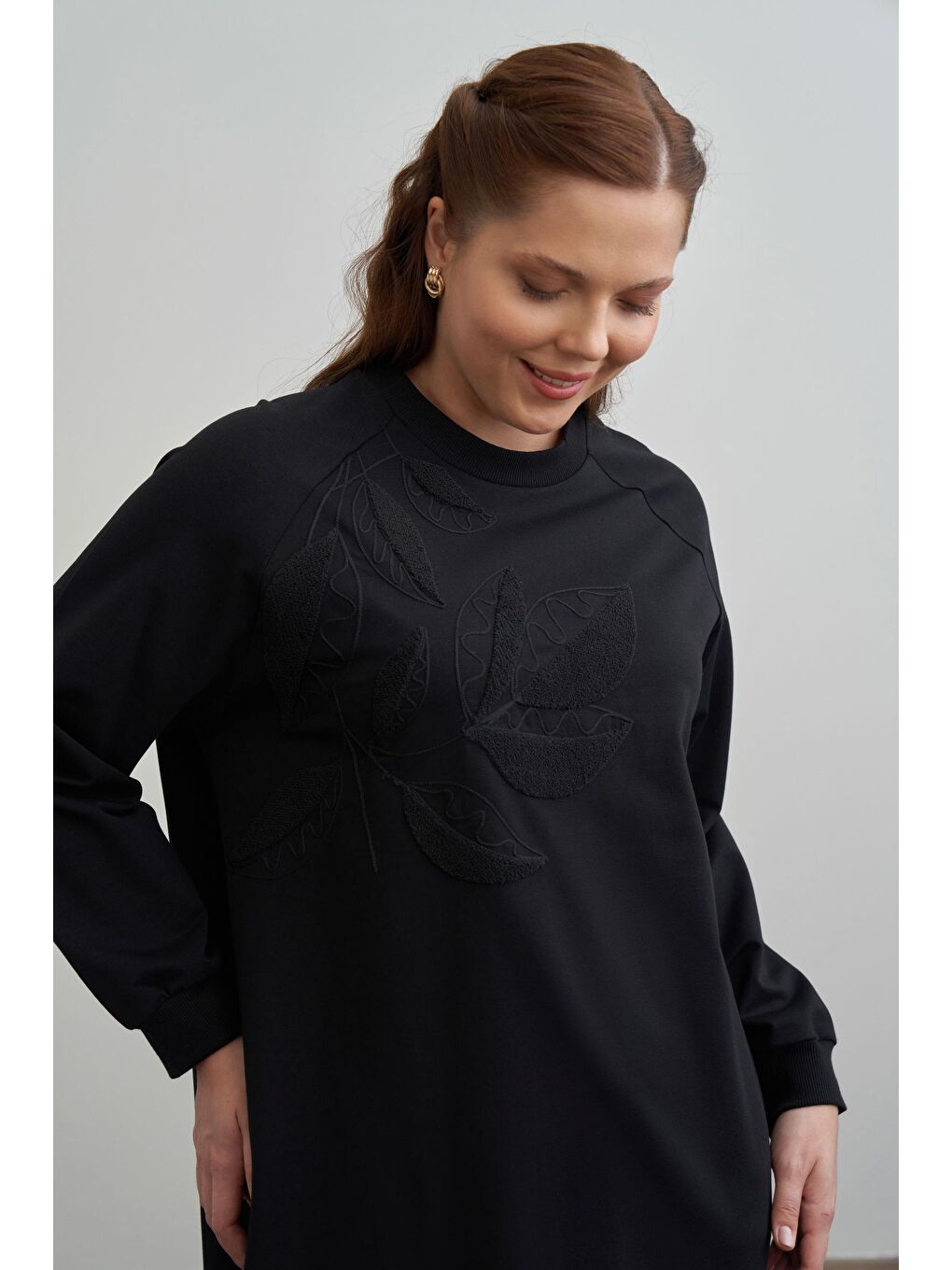 Siyah-Büyük Beden Pamuklu Yaprak Desenli Tunik-3