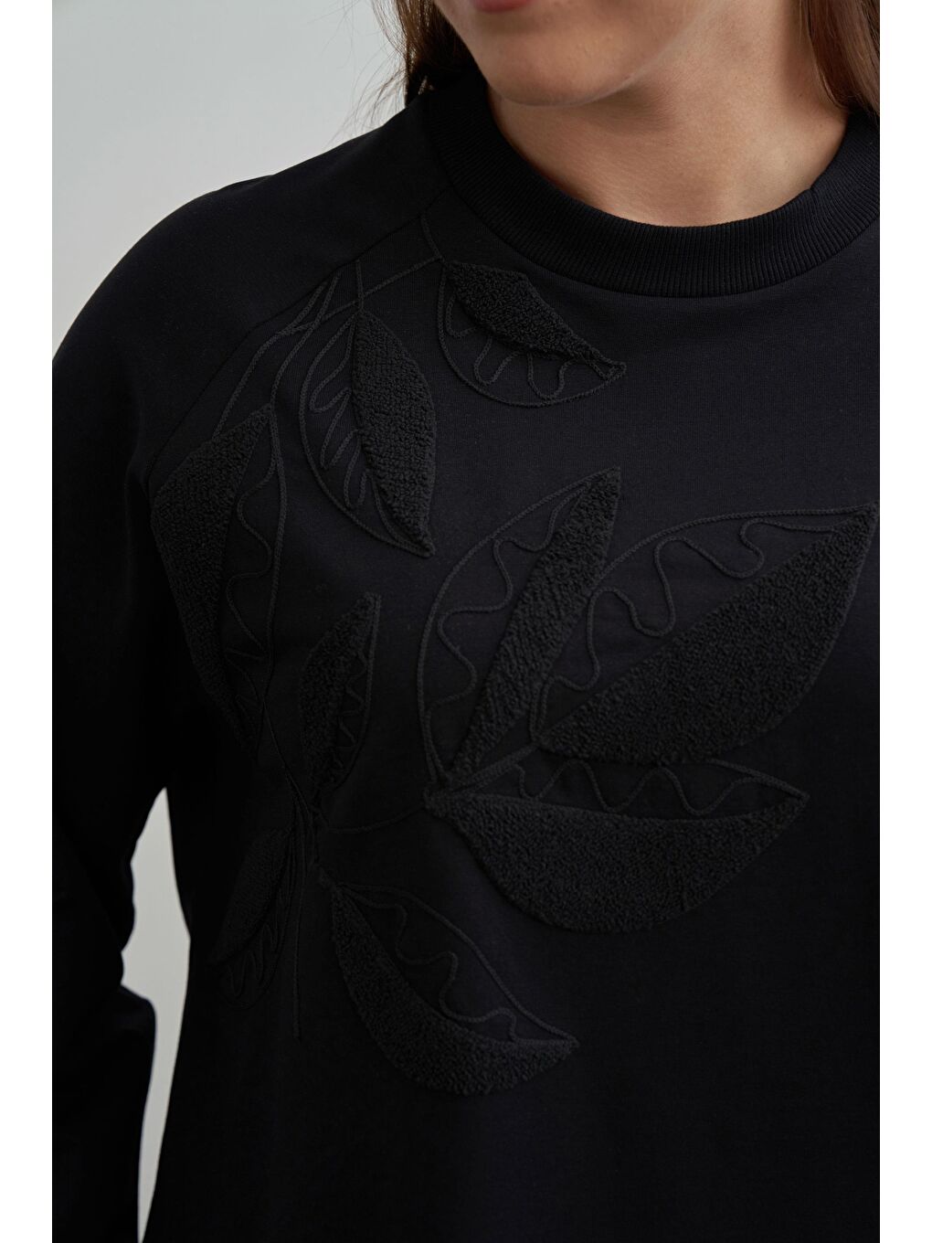 Siyah-Büyük Beden Pamuklu Yaprak Desenli Tunik-4