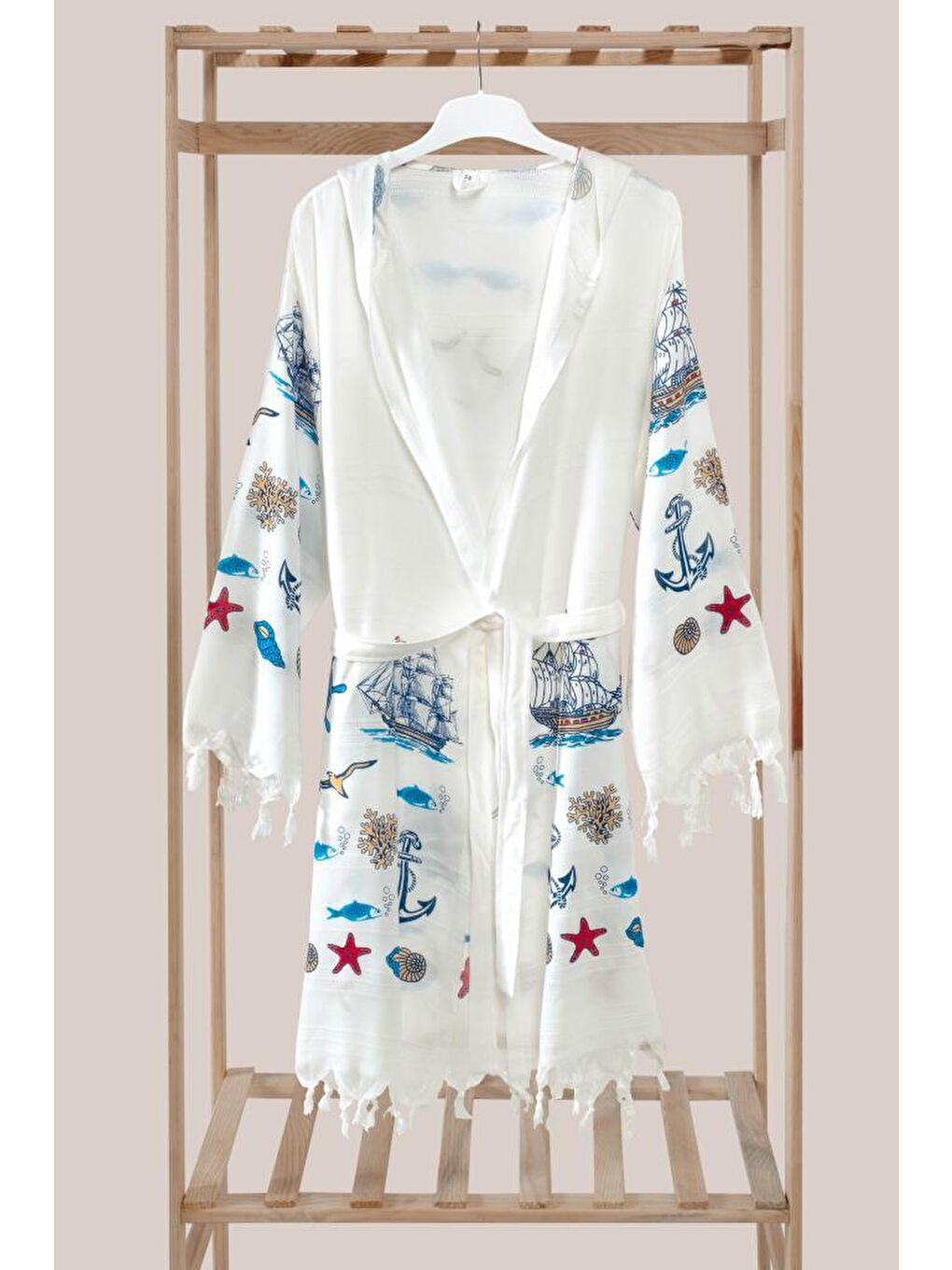 Mavi Marine Kapüşonlu Bambu Plaj Elbisesi Bornoz