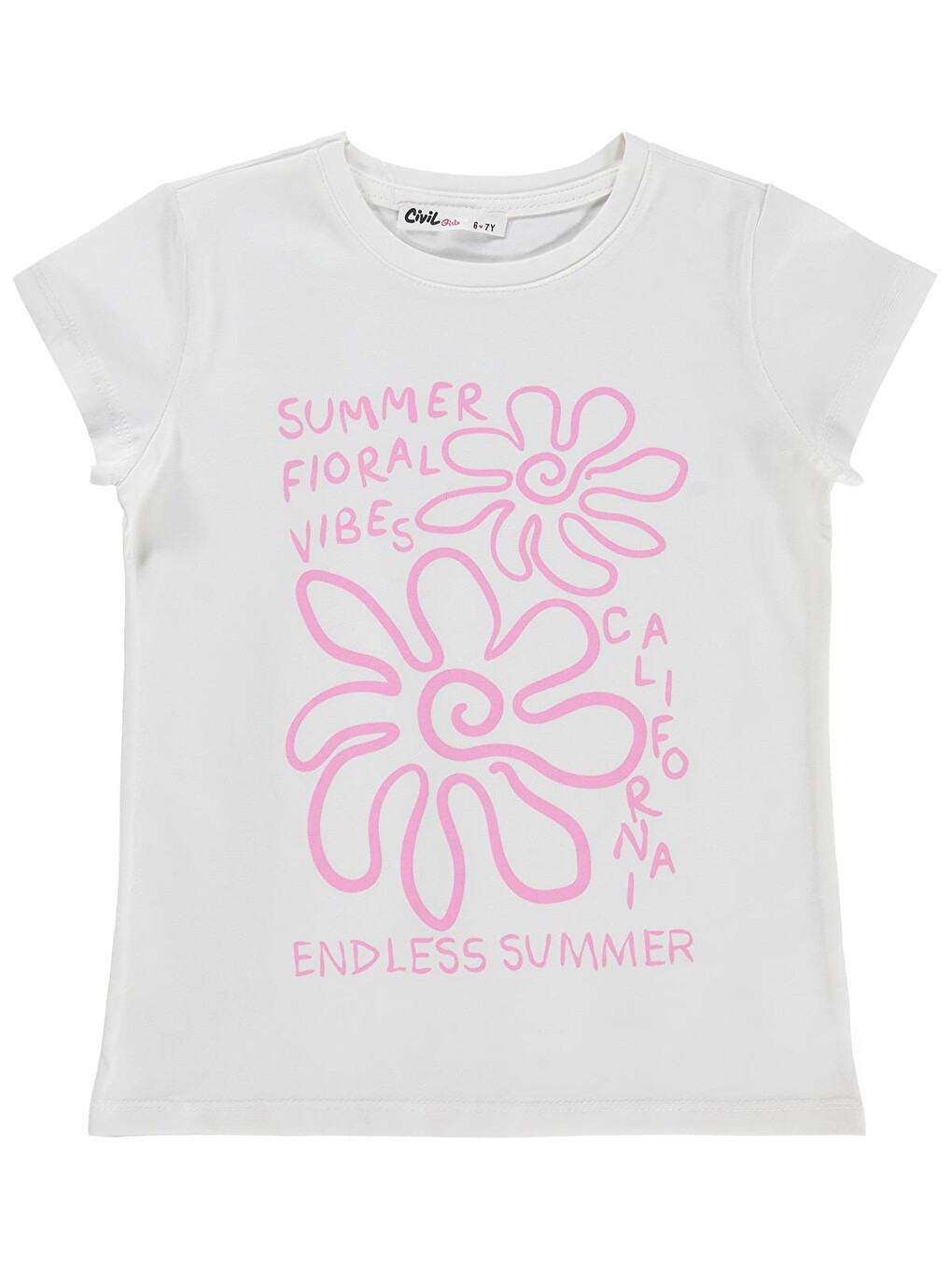 Girls Summer Fıoral Vibes Baskılı 6-9 Yaş Tişört - Kırık Beyaz